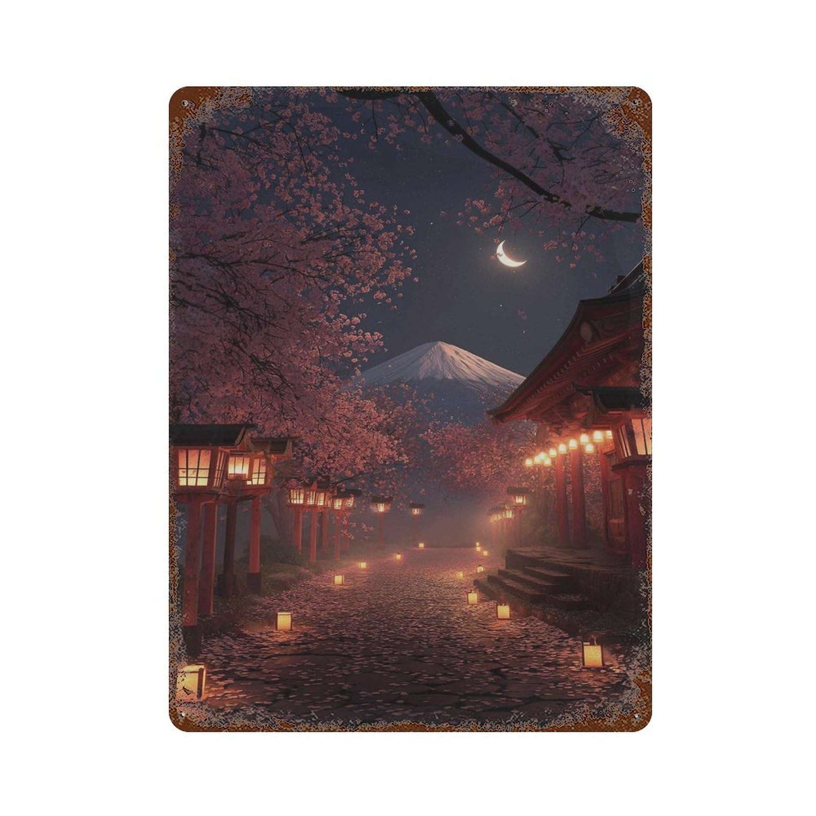xiaoxiaoshen Mt Fuji Night Japanese Lantern Path Cherry Blossom Sakura Japan Temple Scene Tra Wall Decor Art Metal Tin Poster Modern Home Decor Art Home Bar Shop Decorations Vintage Sign 40x30cm