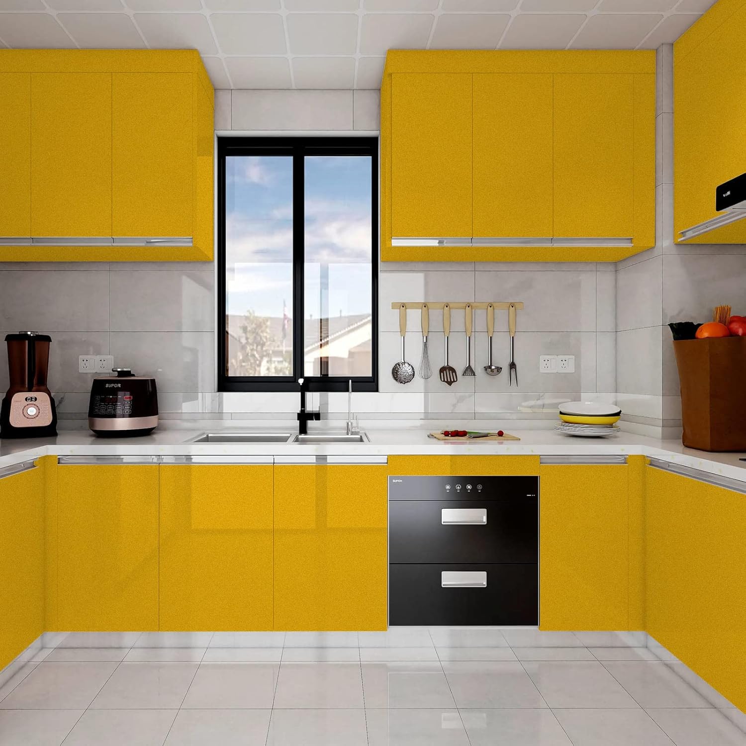 WADILE Peel and Stick Wallpaper, Shiny Contact Paper Solid Color Waterproof, Vinyl Colored Wall Paper Self Adhesive, Glossy Wallpaper Removable for Cabinets (Yellow, 23.6in * 236.2in)