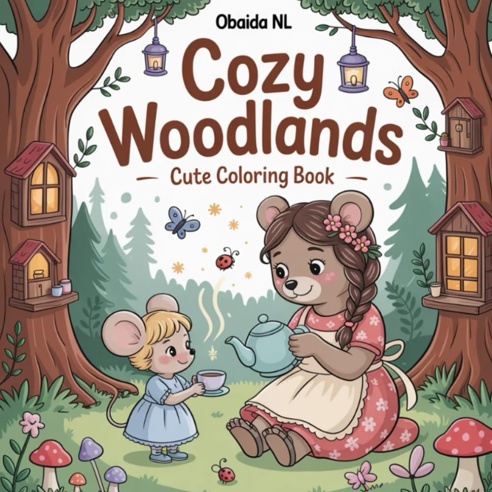 Cozy Woodlands Cute Coloring Book: 25 Simple and Adorable Forest Scenes featuring Cute Animals, Cozy Cottages, and Enchanting Nature for Stress Relief and Relaxation