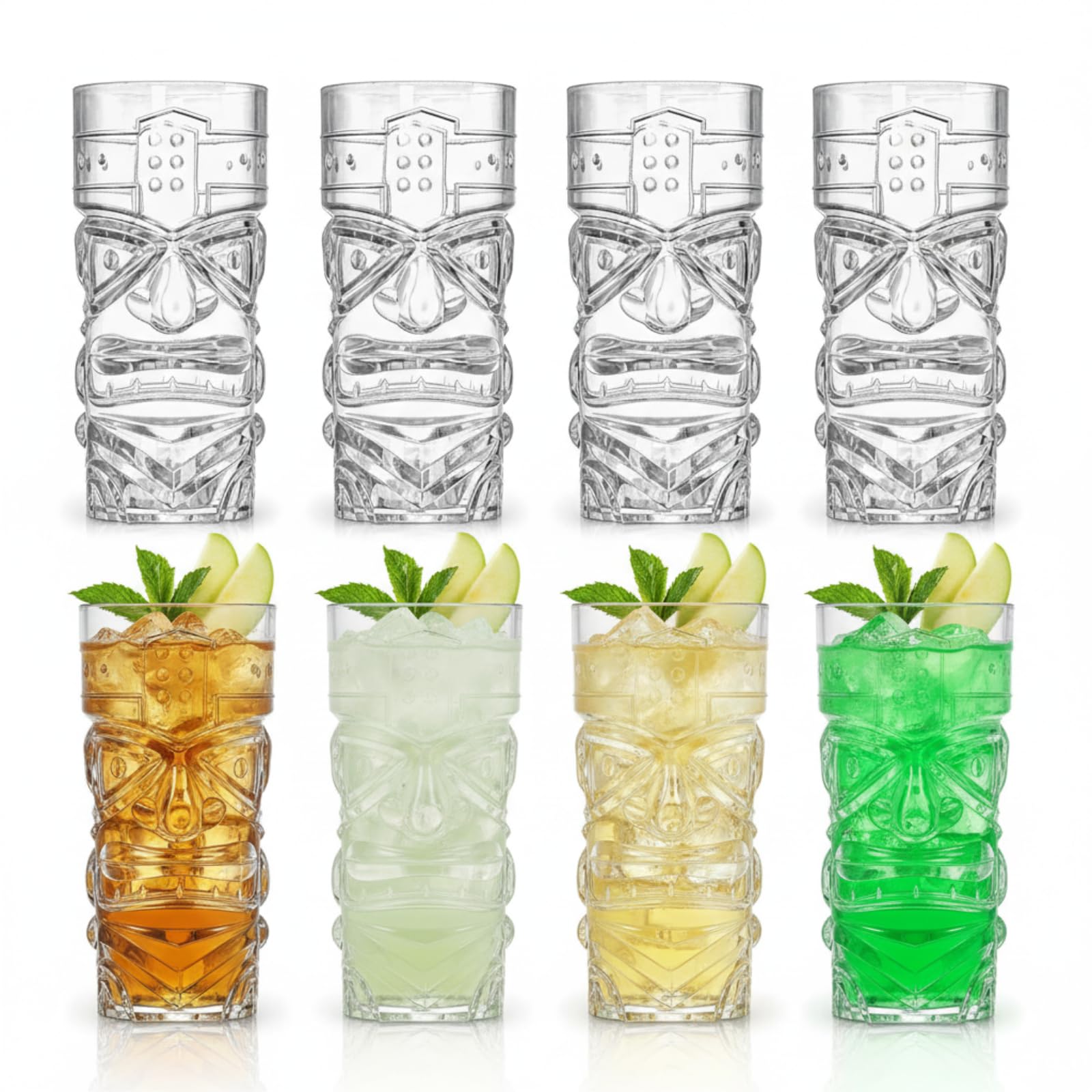 Okllen Paquete de 8 vasos Tiki de plástico, tazas de cóctel Tiki transparentes de 16 onzas, vasos elegantes y trapicales para beber para bar moderno, fiesta hawaiana, suministros de fiesta Luau