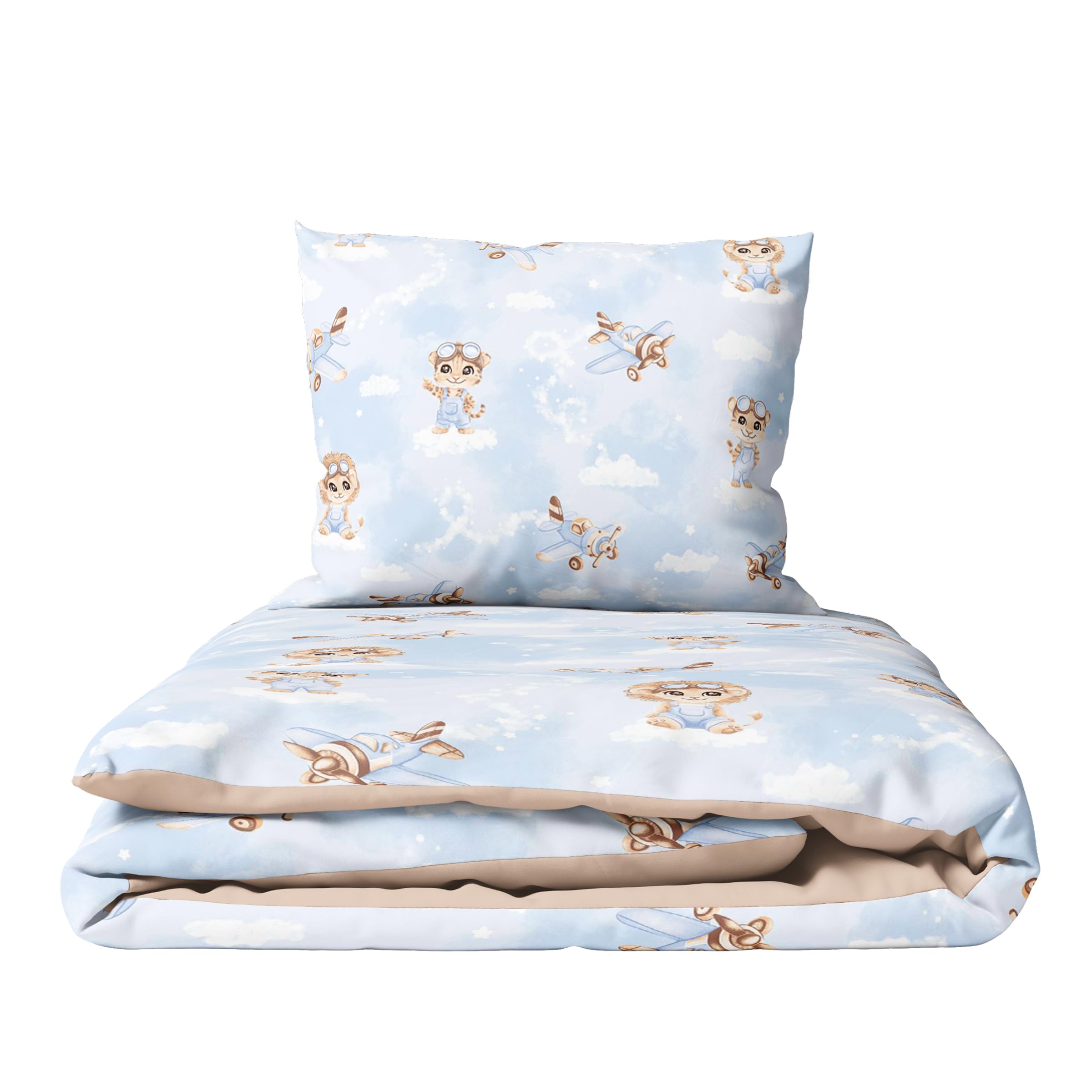 Baby Comfort 2-Piece Toddler Duvet & Pillow Set - 100x75 cm - 100% Cotton Breathable Fabric - Machine Washable Quilted Bedding for Cot Bed 12M+ (Tigers pilots)