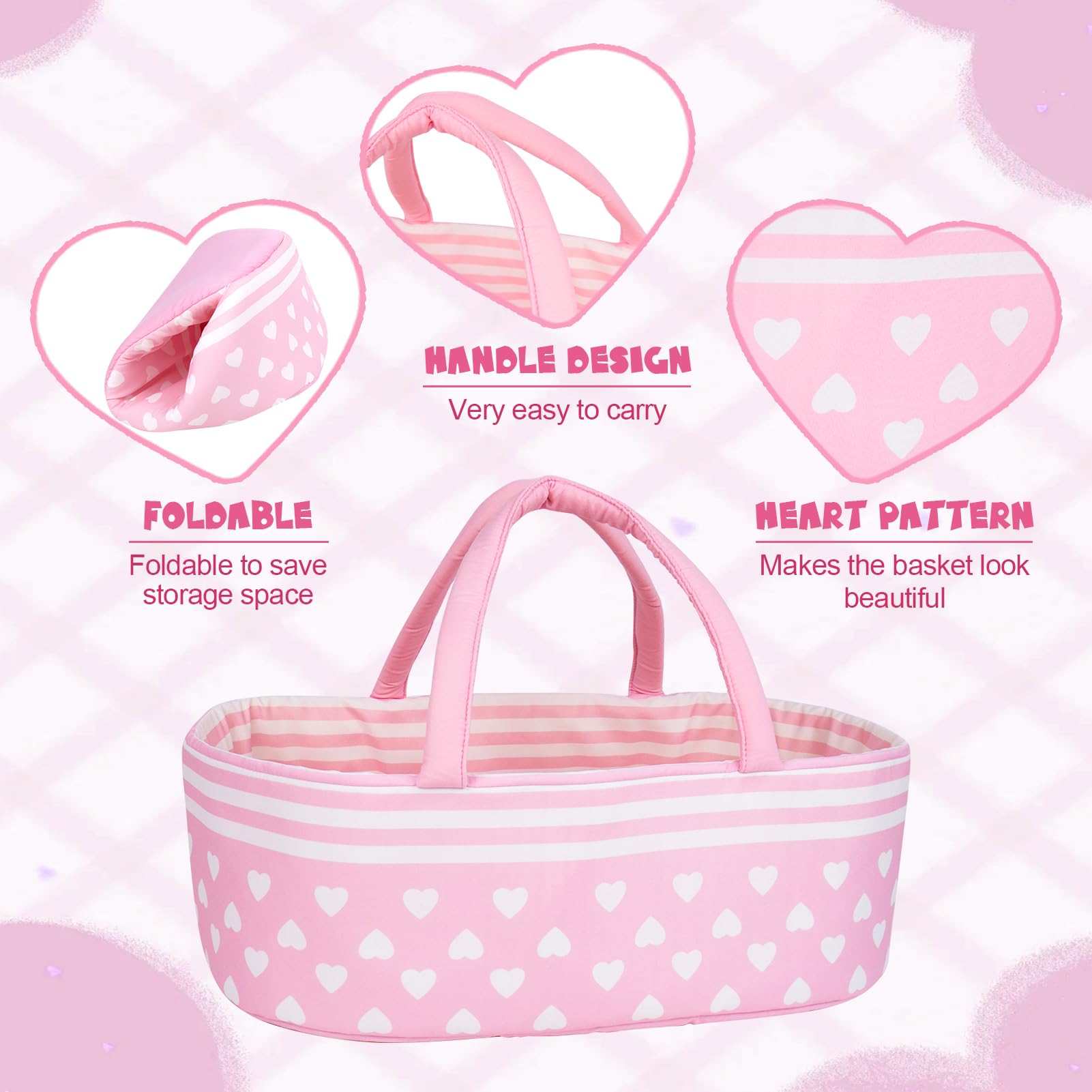 Reborn Baby Dolls Moisés plegable para muñecas de bebé, cama portadora de muñecas suave, accesorios con asa para muñecas de 17 a 22 pulgadas (rosa) 4