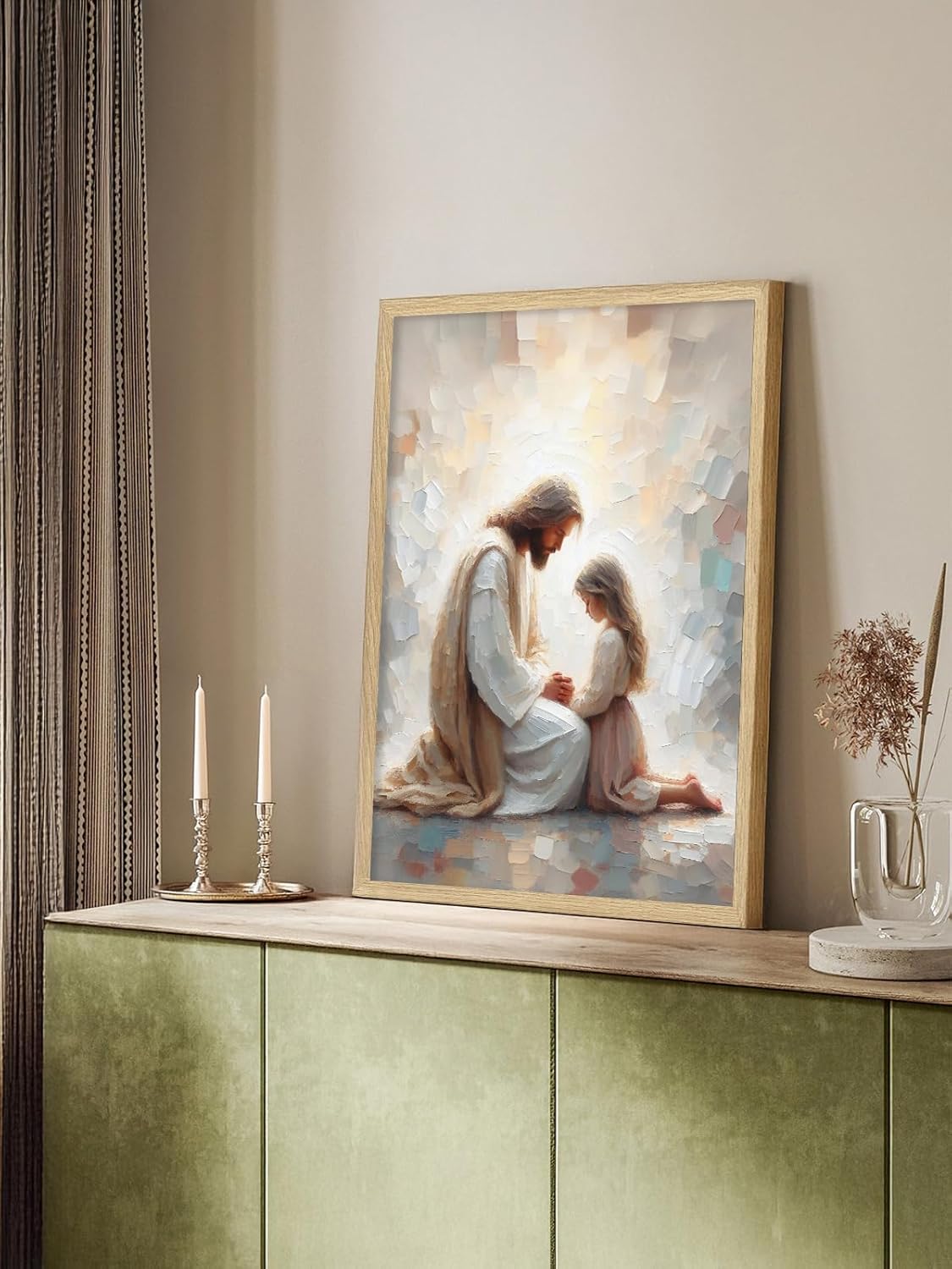 Jesus and Girl Wall Art Natural Wood Christian Religious Wall Decor Jesus Pictures for Living Room Modern Christian Posters for Bedroom Bible Scripture Framed Canvas Art 16x24 Inch