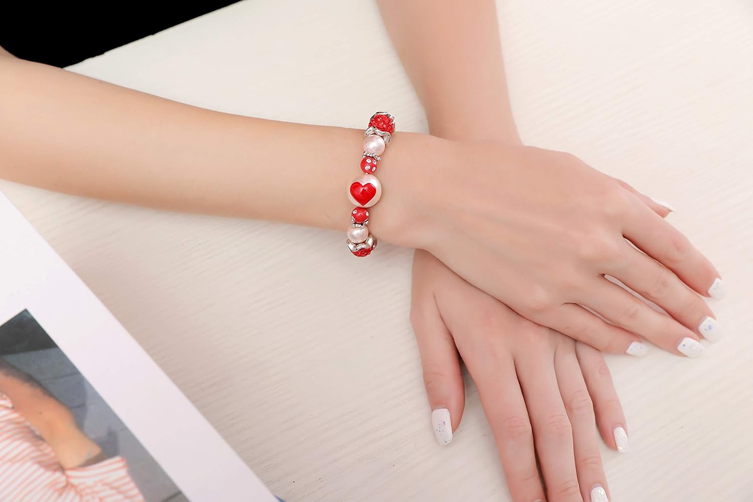 Valentine Bracelet, Heart Glass Beaded Stretch Bracelet for Women, Birthday Christmas Gift for Her, 1 Pc - Image 4