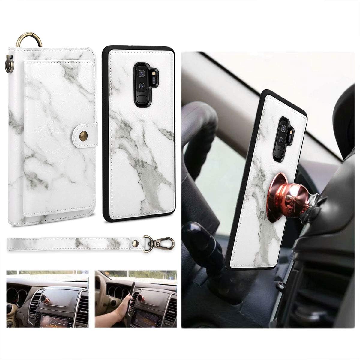 Petocase Compatible S9 Plus Wallet Case, Multi-Function Zipper Purse with Detachable Magnetic Back Cover Wristlets 13 Card Slots & 4 Cash Pocket Cover for Samsung Galaxy S9 Plus White Marble