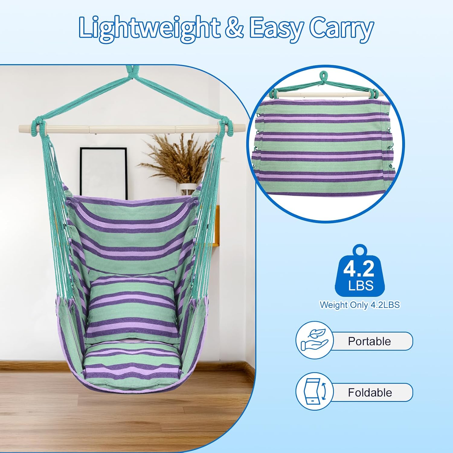 Outvita Hammock Chair Hanging Rope Swing, Galvanized Steel Pole with Non-Slip Ring, Includes 2 Fluffy Pillows, Maximum Weight Capacity 500 lbs for Indoor, Patio, Backyard Hanging, Mix Color Stripe
