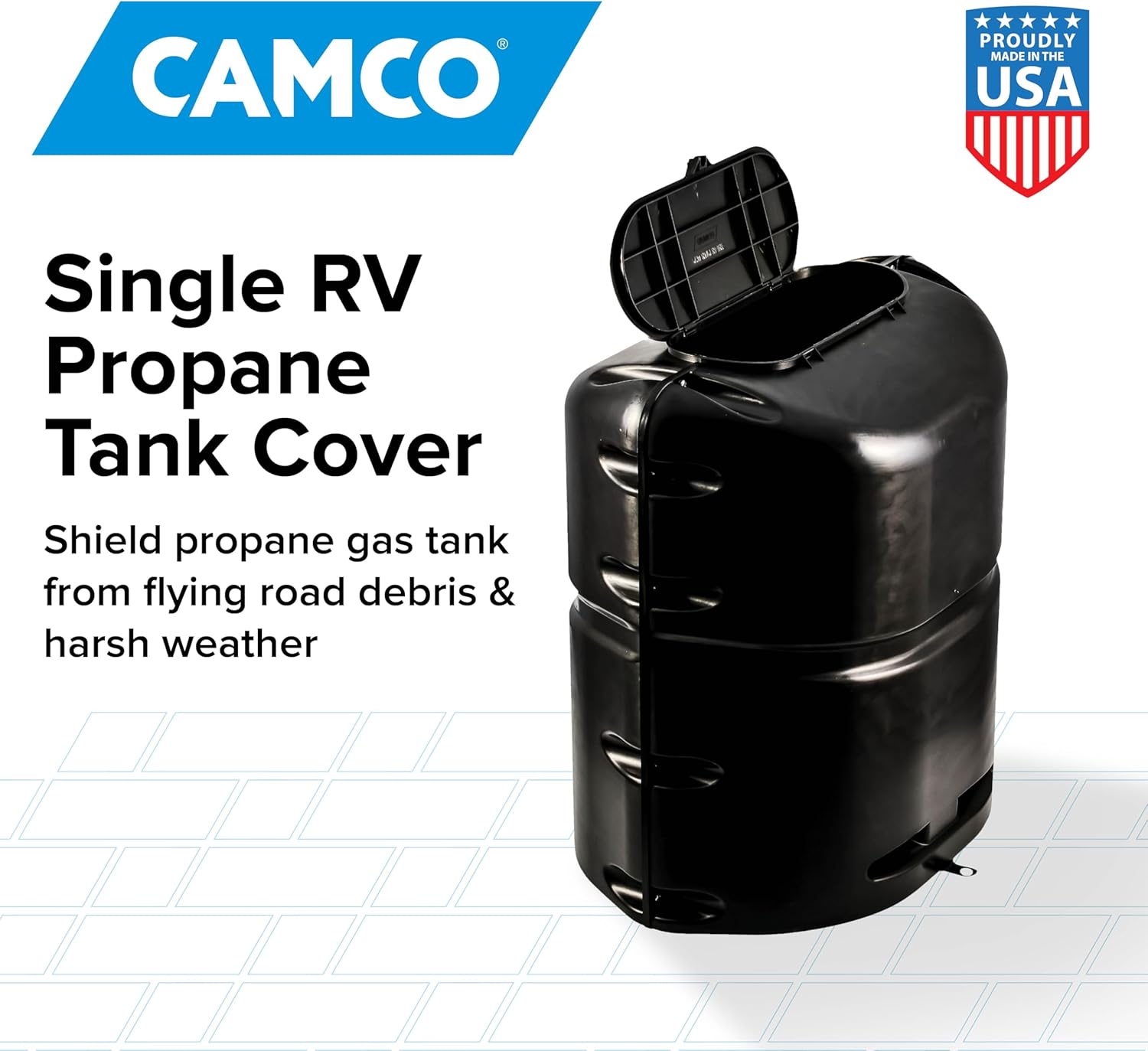 Camco Single Camper/RV Propane Tank Cover - Features a Removable Top Panel & Heavy-Duty Polymer Design - Fits 20lb. Steel Single Tanks (40578)