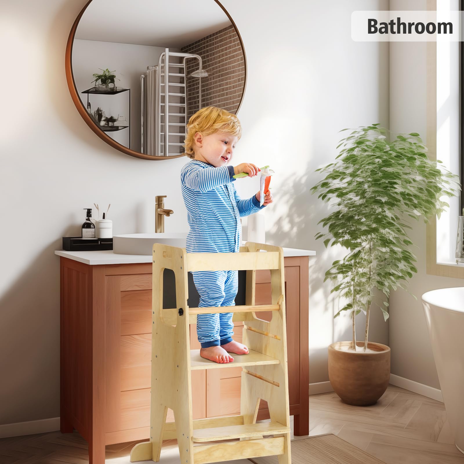 pädagogisch wertvoll Lernturm aus Holz für Kleinkinder | Verstellbarer Küchenhelfer/Tritthocker - rutschfest & kippsicher - mit Sicherheitsgeländer & Tafel - inkl. LCD-Zeichentafel