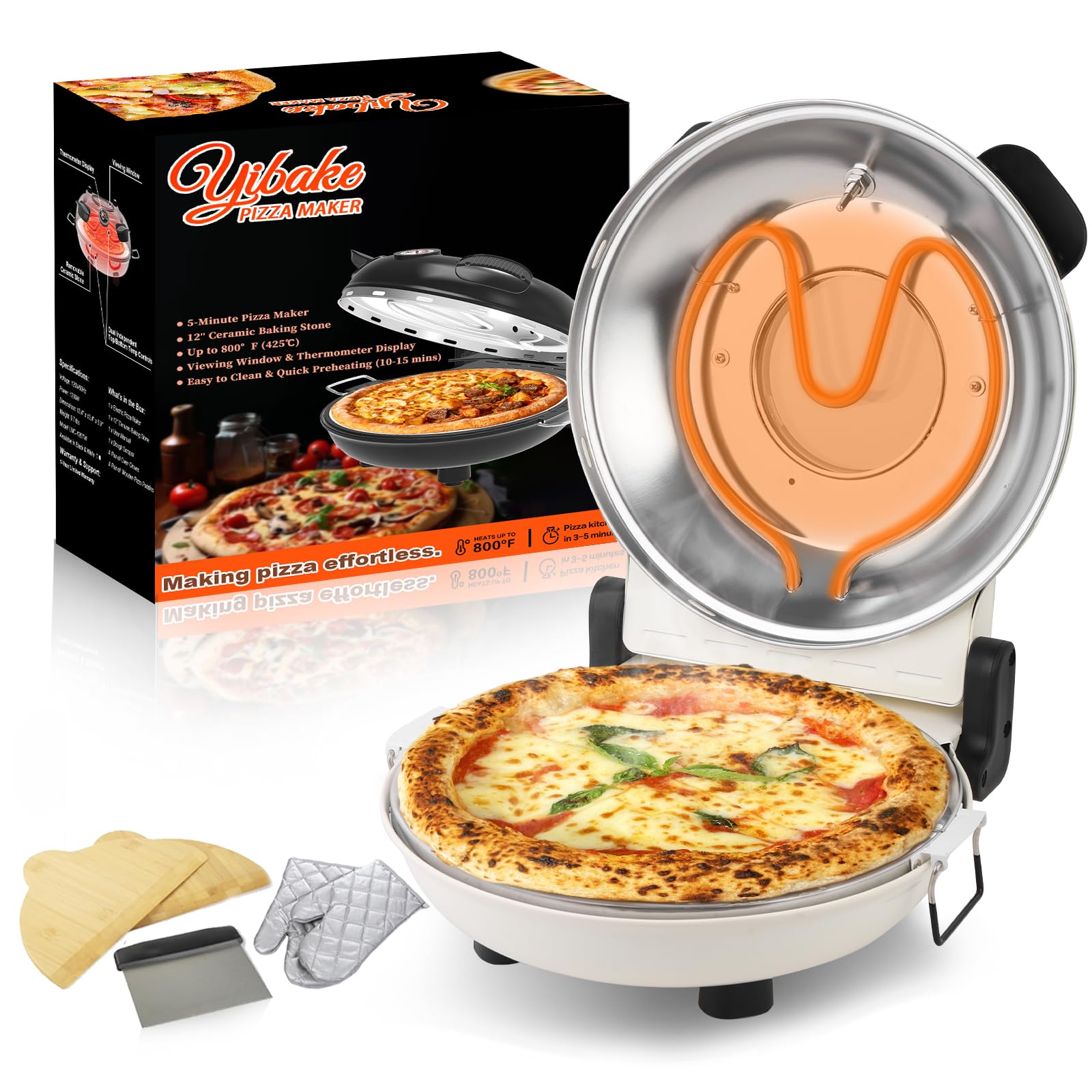 Electric Pizza Maker, 12 Inch Countertop Pizza Oven with Pizza Stone, 1200W Indoor Italian Style Pizza Cooker, Dual Heating with Independent Temperature Control, Heats Up to 800°F, White