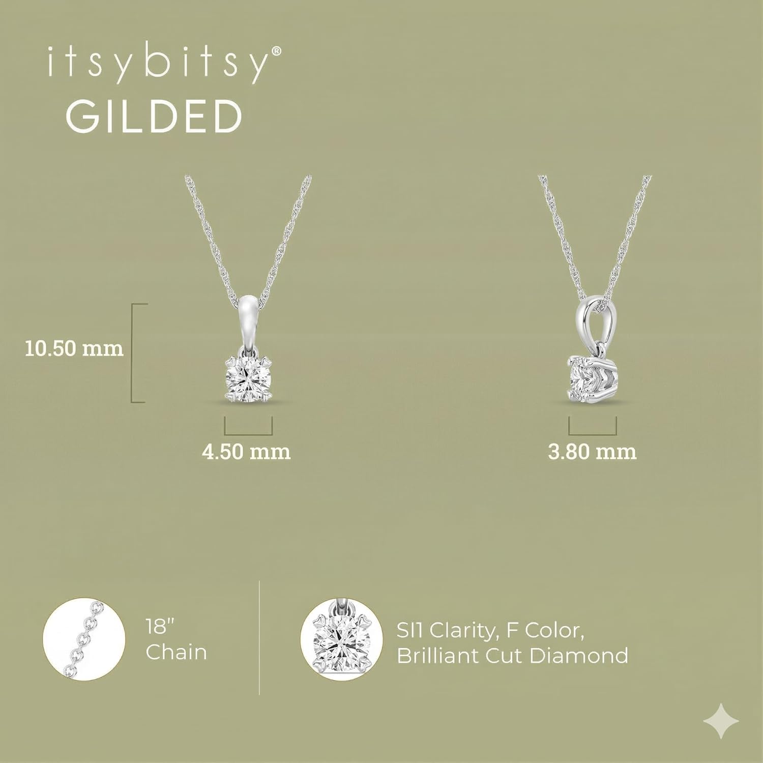 Itsy Bitsy by GildedRound Solitaire 1/10 Cttw Lab-Grown Diamond Pendant Necklace, Sterling Silver with 14KT Gold Plated Silver, Classic 4-Prong Setting, 18inch Chain