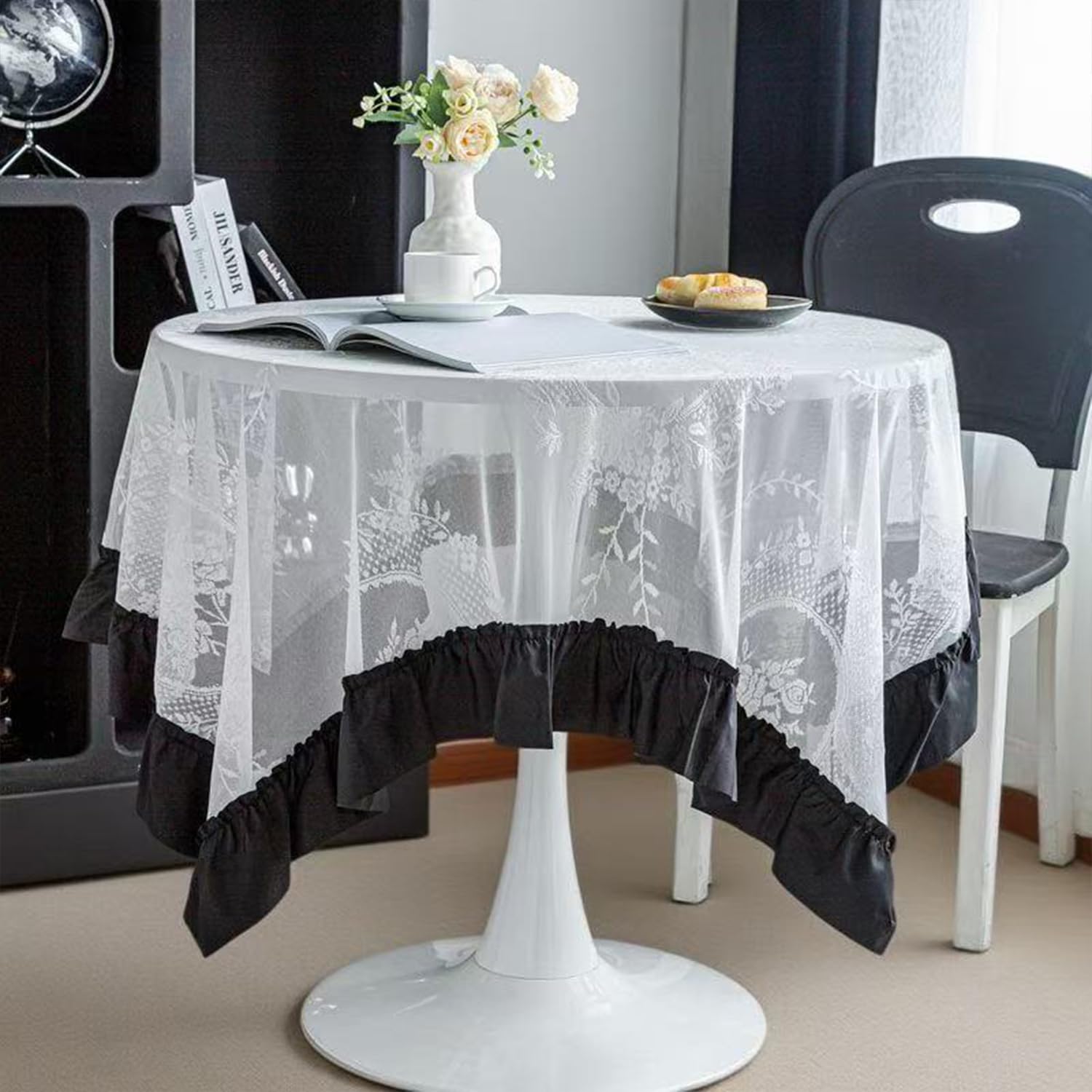 FOELANNE Embroidered Lace Tablecloth, White Lace Black Ruffle Square Tablecloth Multiple Sizes(90x90cm)