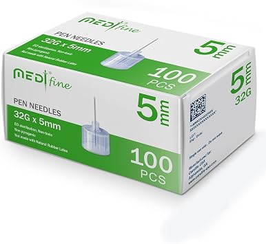 Fine Insulin Pen Needles 32G 5mm - 100 Ct, Pack of 1 | For Insulin Injections, Diabetes Care & Pen Tip Medications, Ultra Fine Compatible with Most Insulin Pens