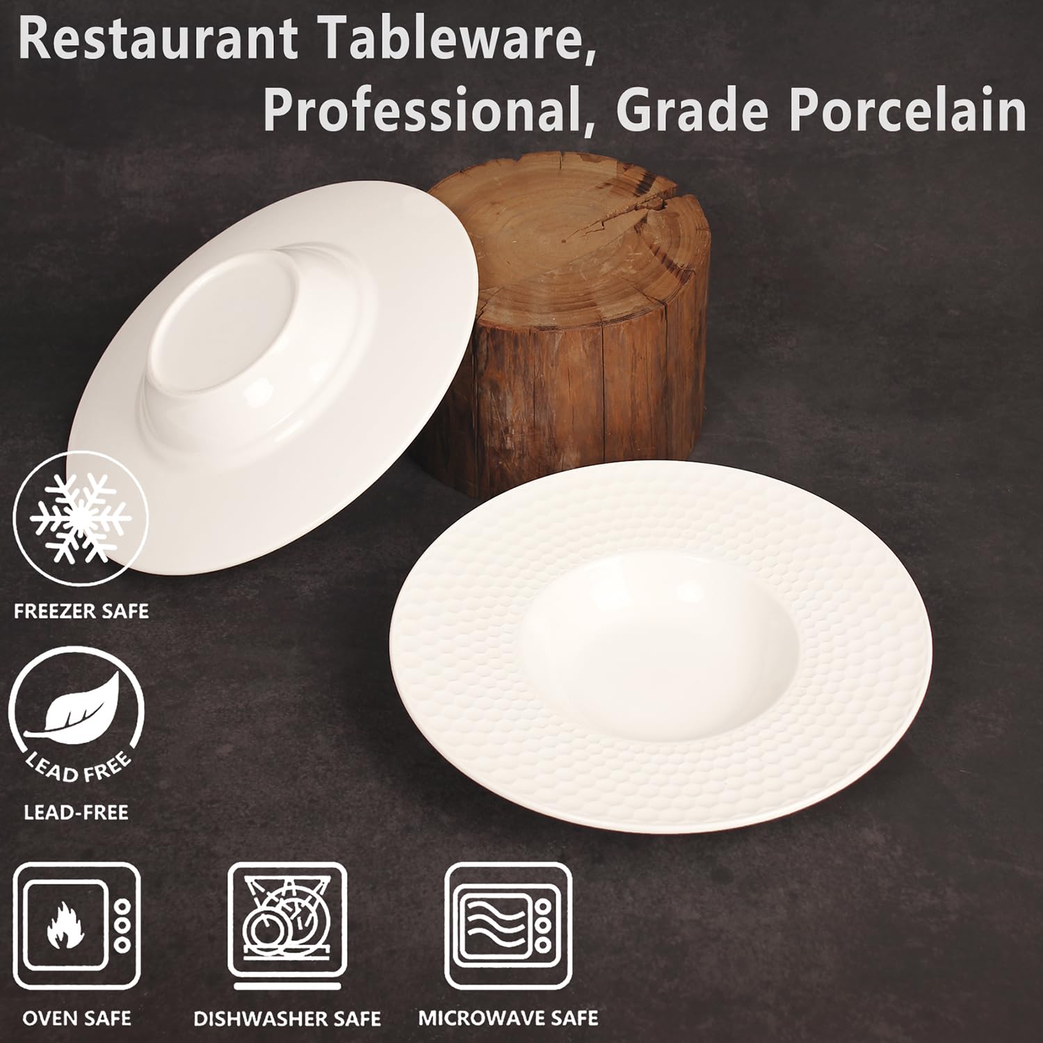 Juego de 4 cuencos de sopa de porcelana para pasta, platos poco profundos, cuencos con borde de 10 onzas con borde, aptos para hornos microondas y refrigeradores (11 pulgadas)