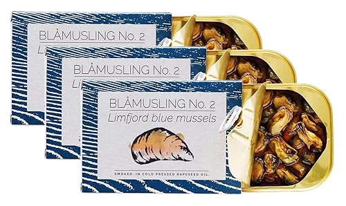 Fangst Blamuslinger N 2 Mejillones azules estañados ahumados en aceite de colza prensado en frío, 3 latas de 3.53oz