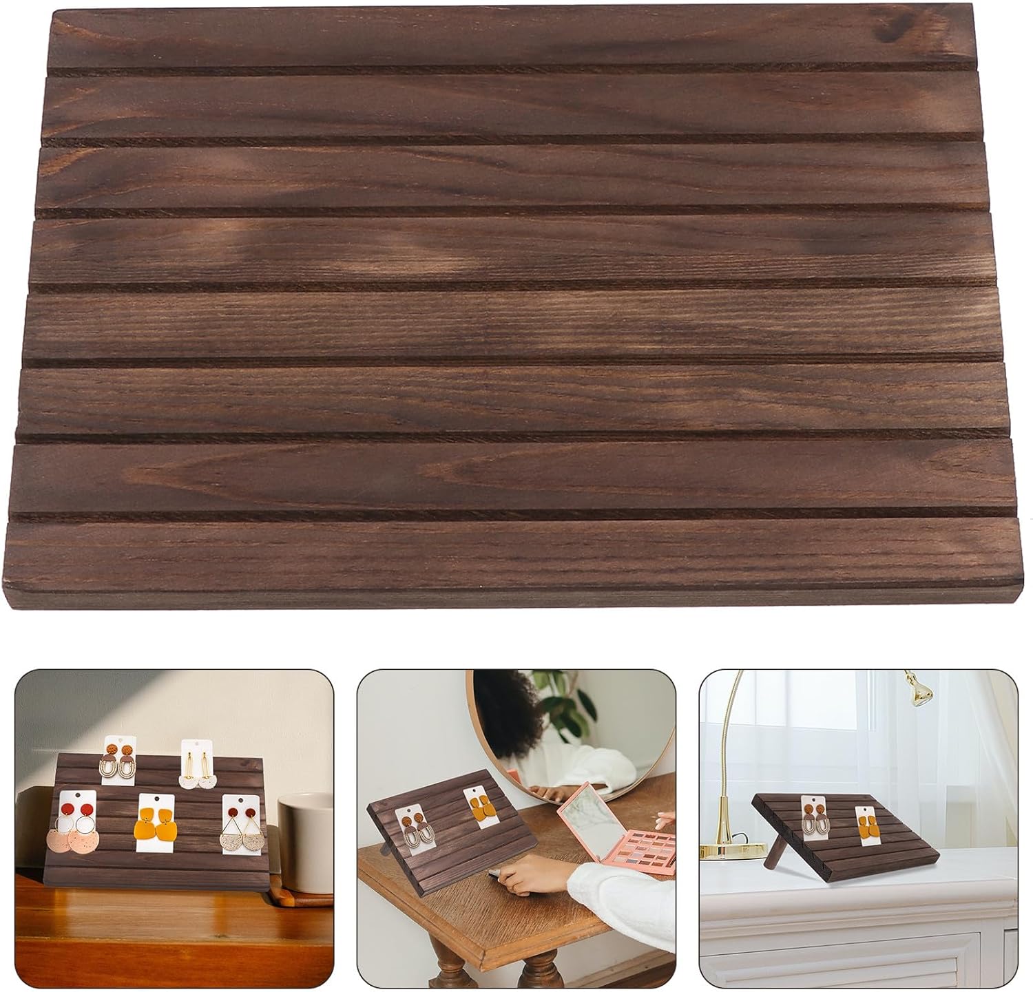 Solid Wood Jewelry Display Rack Earring Holder Organizer with Slant Panels Brown Wooden Jewelry Stand for Earrings and Studs Storage at Home Or Store