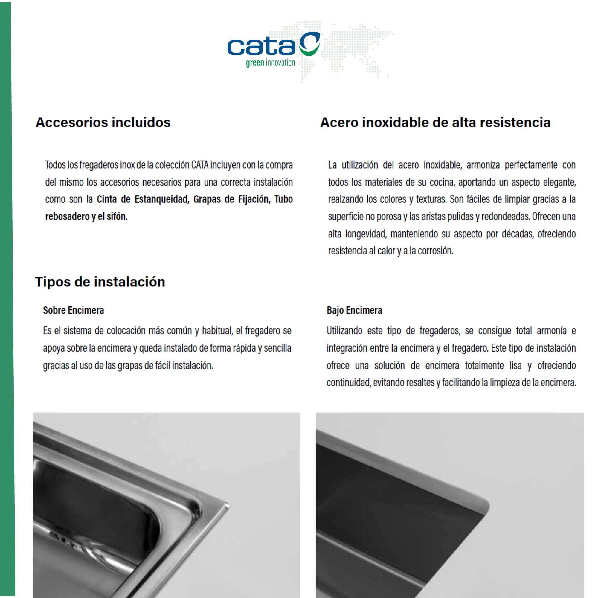 CATA Fregadero CDS-1 EI/A Cubeta Cuadrada Escurridor Instalación Mueble 45 CM Base Fonoabsorbente Acero Inoxidable Válvula Canasta Acabado Inox