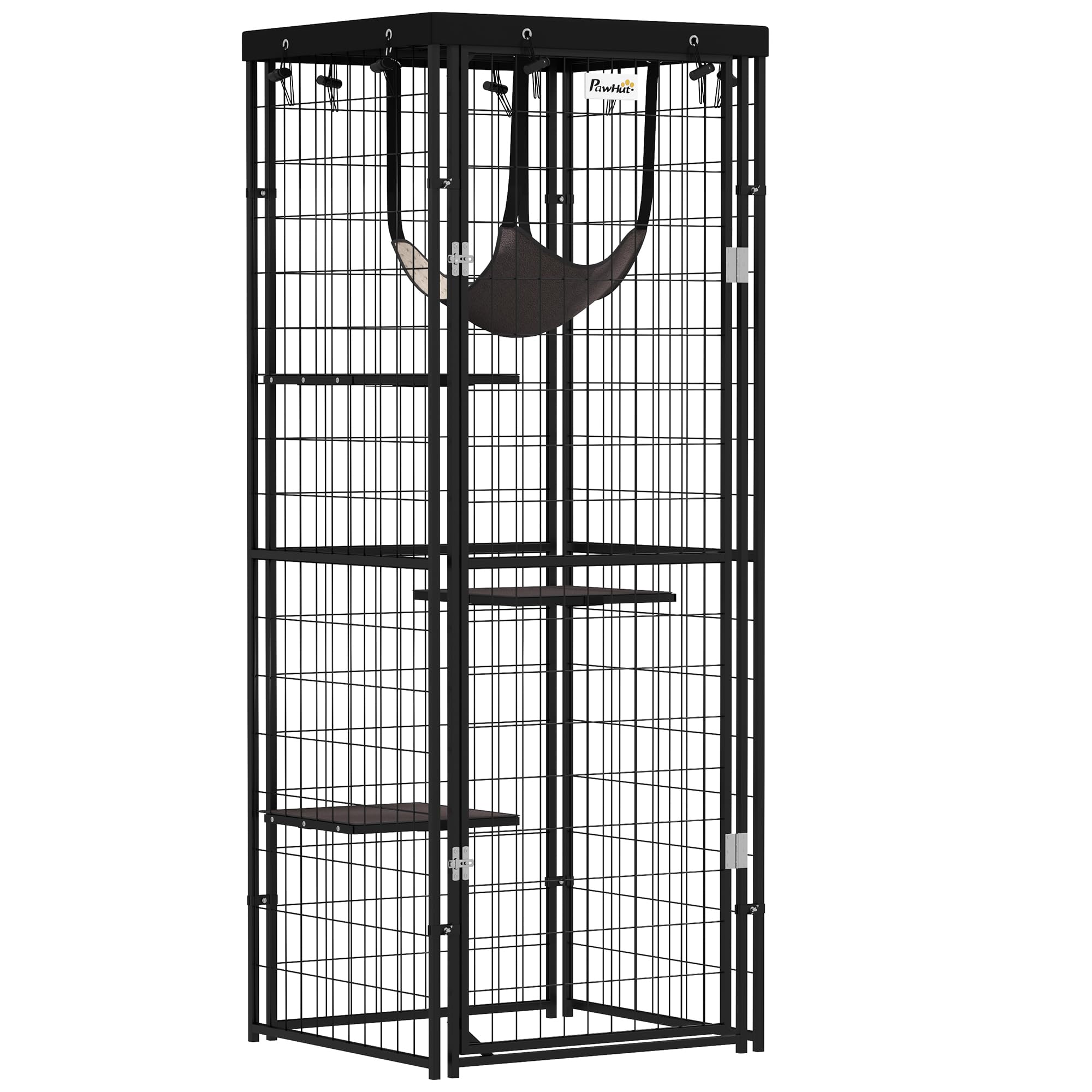 PawHut Jaula para Gatos para Exterior e Interior Recinto para Gatos con Cubierta Impermeable 3 Plataformas Hamaca Cojines y Puerta 61,5x55x157 cm Negro