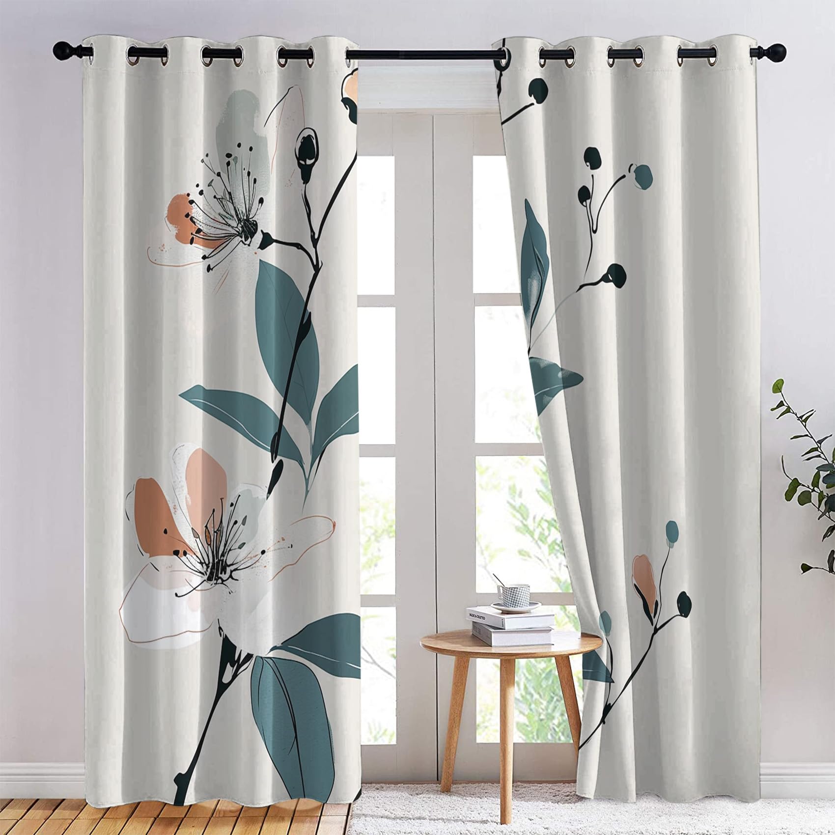 Rideau Occultant Floral, Fleur Moderne Motif Rideaux Thermiques à Oeillets, Rideaux Imprimé pour Salon Chambre Fenetre Moderne Décoration, 140x220 cm (L x H), Lot de 2