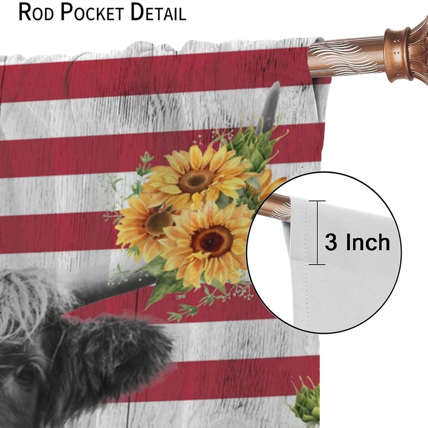 Highland Cow Bull Blackout Curtains for Bedroom,Vintage Barn Door American Flag Watercolor Sunflower Cow Window Curtains Rod Pocket 2 Panels 63L x 31.5W