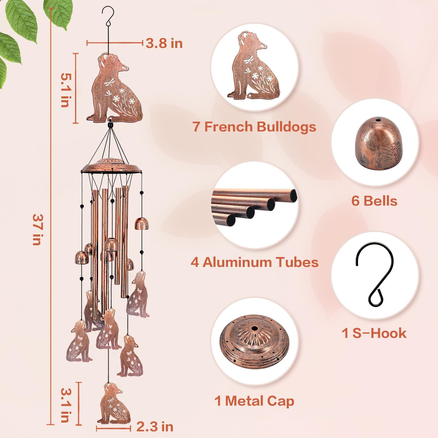 French Bulldog Wind Chimes for Outside,Dog Gifts for Women/Men/Sympathy Gift/Memorial Gifts/Birthday Festival Metal windchimes Outdoors/Indoors,Patio,Garden Decor,Home,Porch,Yard