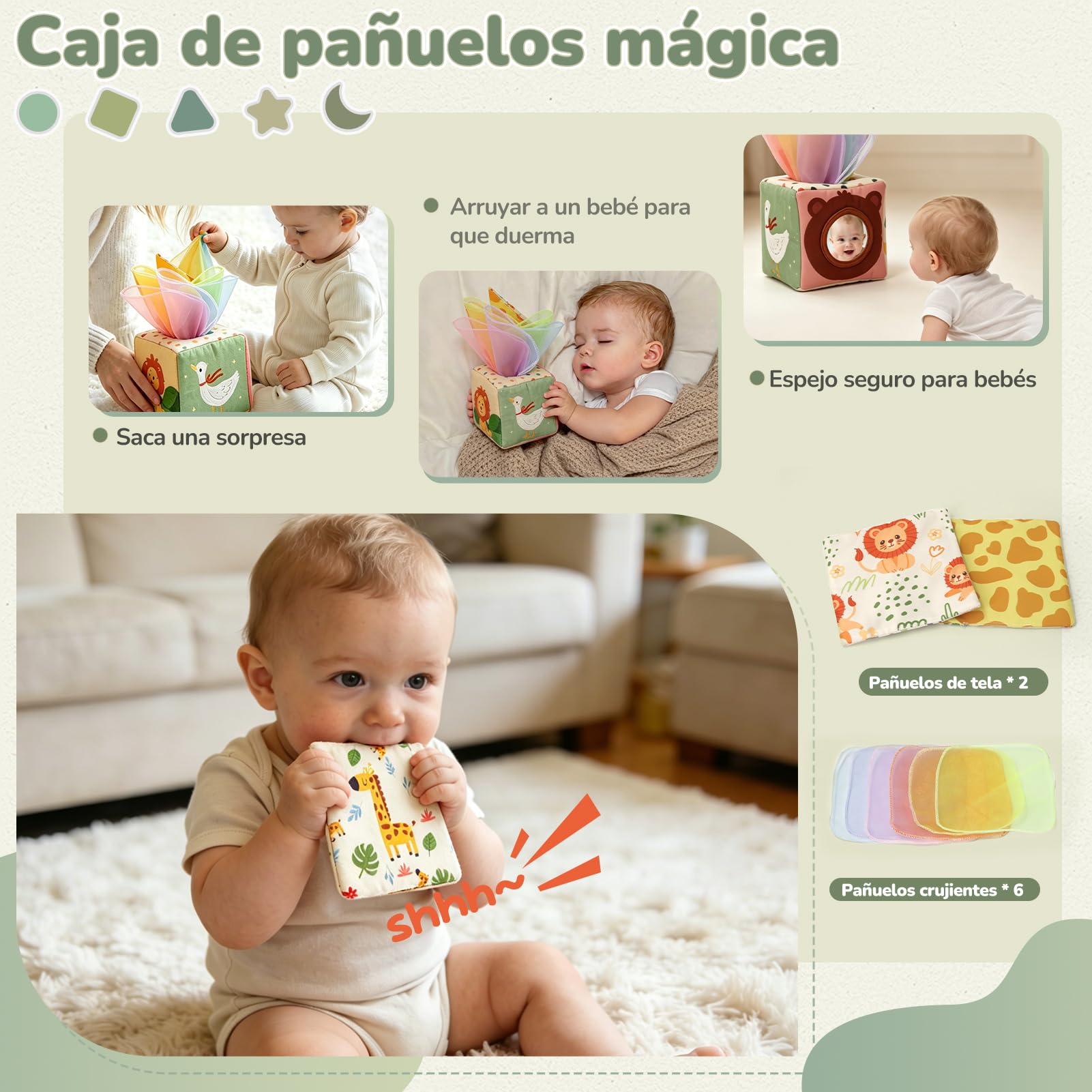 Juguetes Bebes 6 Meses, 5 en 1 Juguetes Montessori Bebes 6-12 Meses con Caja Pañuelos Bebe, Clasificación y Apilamiento de Formas, Bebe Mordedor & Educativos, Regalos Bebés Montessori 7 8 9 Meses