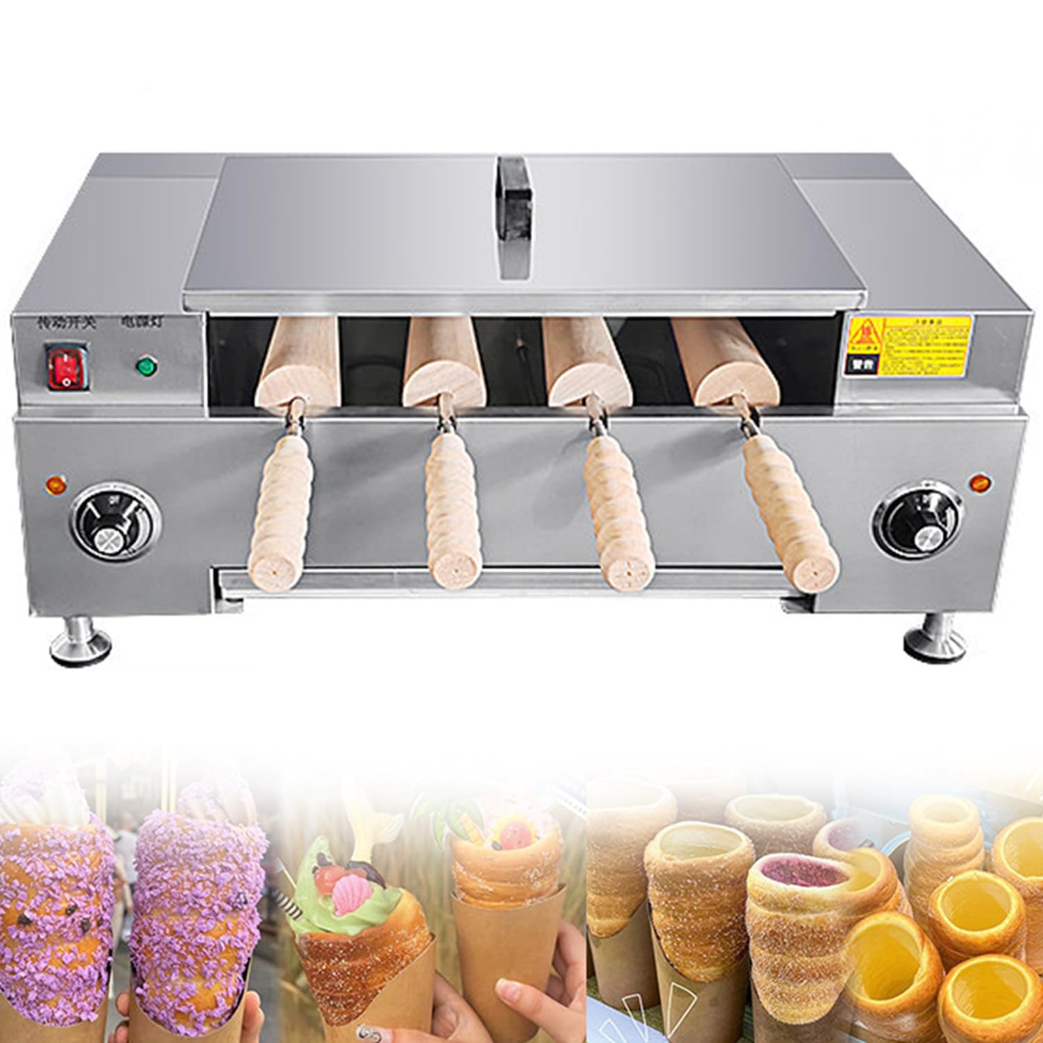 Qiang Commercial Electric Chimney Cake Oven Ice Cream Cone Grill Maker, Non-Stick 4/8 Rollers, Adjustable Temp, for Restaurant Home Snack Bar 4pcs