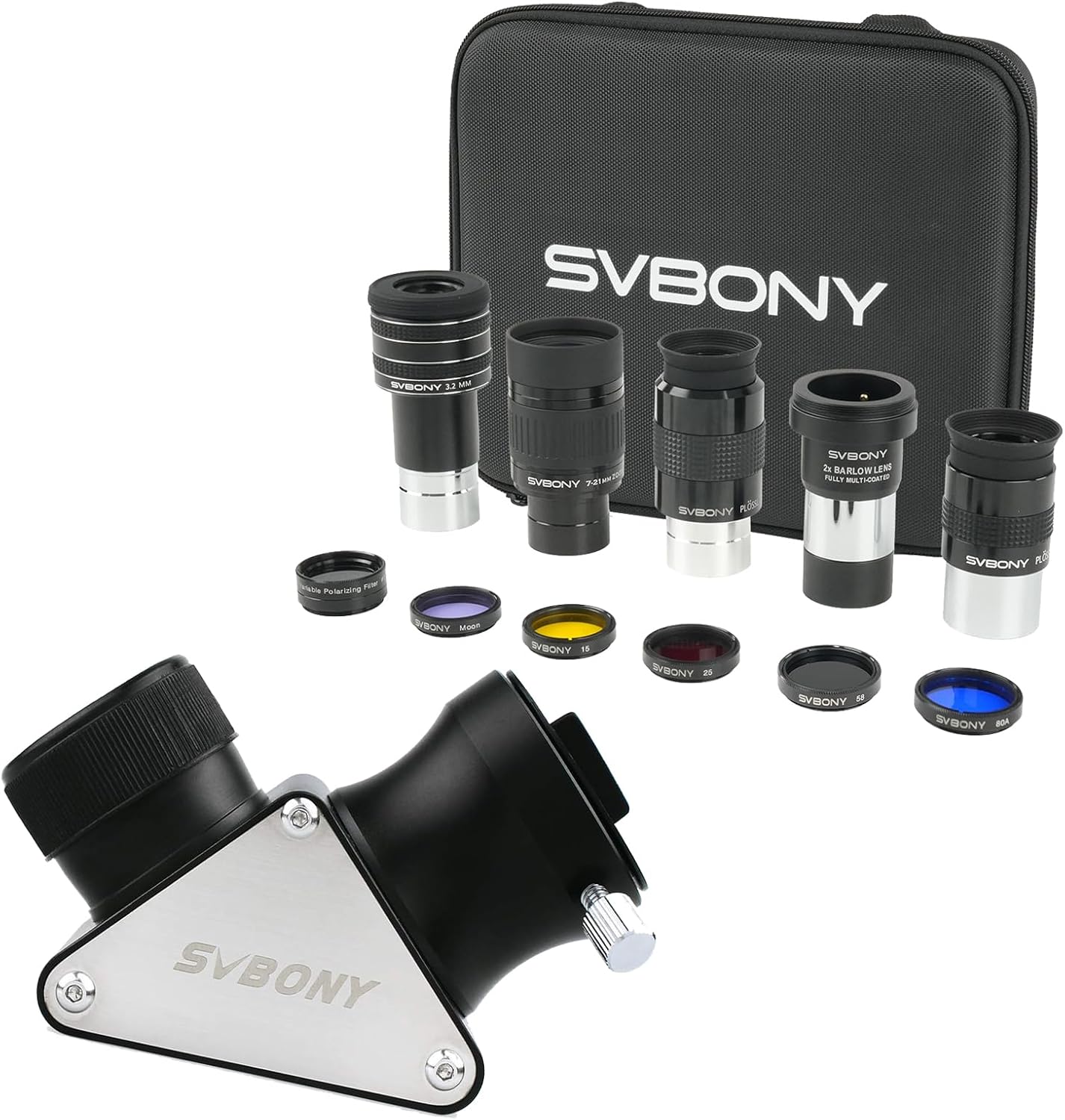 SVBONY 1.25 inches 90 Degree Dielectric Mirror Diagonal Fully Metal Bundle with SV233 12 Piece Telescope Accessory Kit Planetary Eyepiece, Barlow Lens, Filters for Astronomical Visual