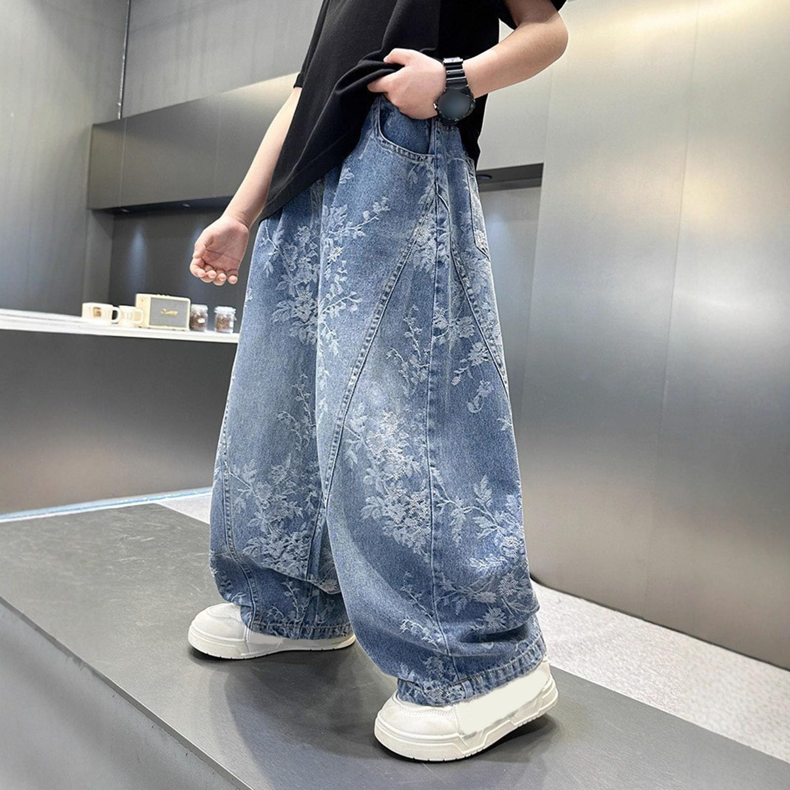 Genérico Vaqueros Niño Pantalón Largos Baggy Jeans Cintura Elástica | Pantalones vaqueros de pierna ancha para niños, pantalones casuales de corte recto para niños, largos y cómodos otoño.