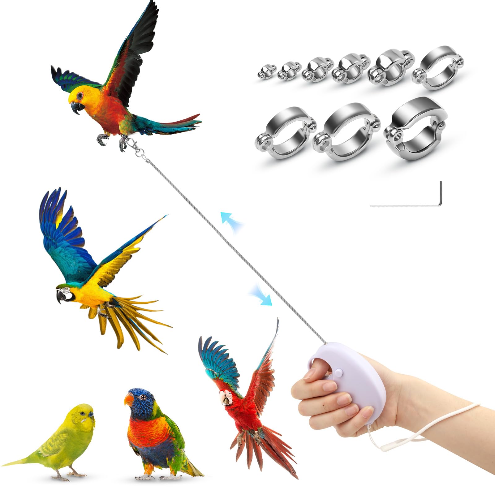 Realand 6m Auto Retractable Bird Leash, Anti-Bite Wire Bird Harness Leash with 9 Sizes Alloy Foot Rings, Adjustable Parrot Conure Cockatiel Parakeet Flying Training Rope