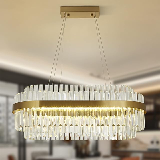AOOCHOK Luxury Crystal Chandelier, Modern Pendant Light, Gold, Dimmable, Oval Pendant Light, Crystal Lamp, for Living Room, Dining Room, Bedroom, Restaurant, 80 x 35 cm