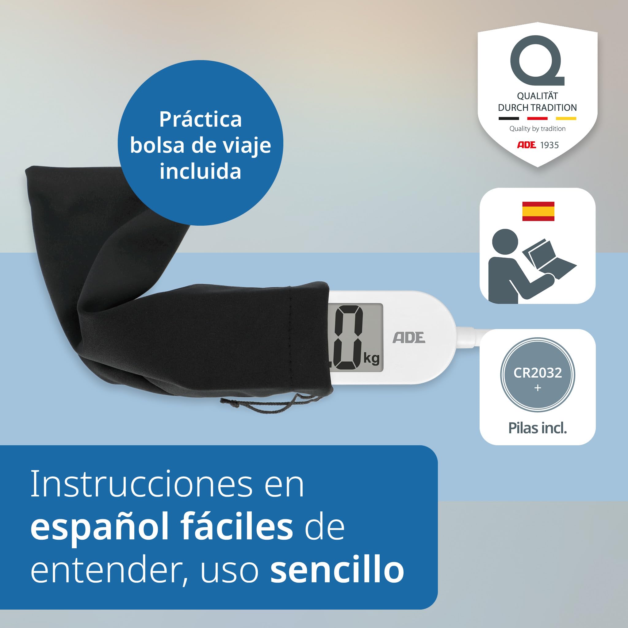ADE Báscula de viaje plegable | Báscula digital con capacidad de carga de 180 kg en incrementos de 100 g | Báscula de cuerpo precisa con pantalla LCD