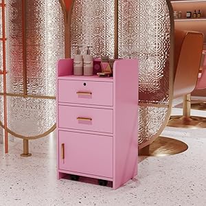 Salon Stations for Hair Stylist,Utility Barber Storage Cabinet Salon Station Organizer on Wheels w/ 3 Hair Dryer Holders,Rolling Trolley Spa Storage Furniture Barber Desk Beauty Salon Equipment,Pink