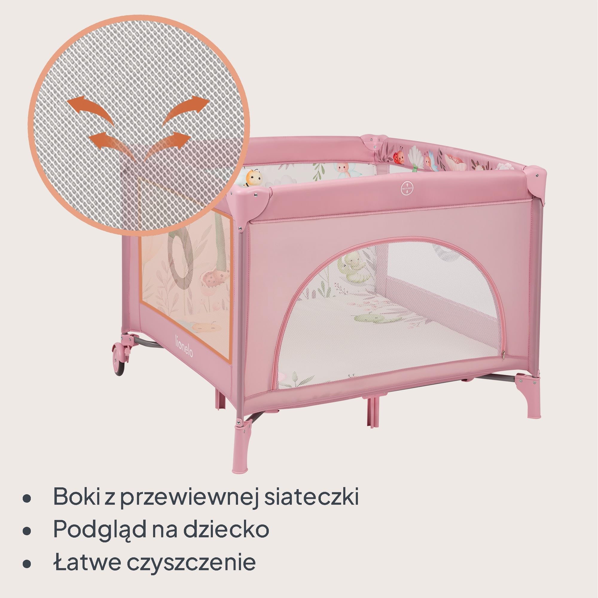 LIONELO Kojec dziecięcy MILLE PLUS do 15 kg 0-36 miesięcy, Boczne Wejście, Materac 3D, 2 Koła z Hamulcem Łatwe Składanie, Torba Transportowa