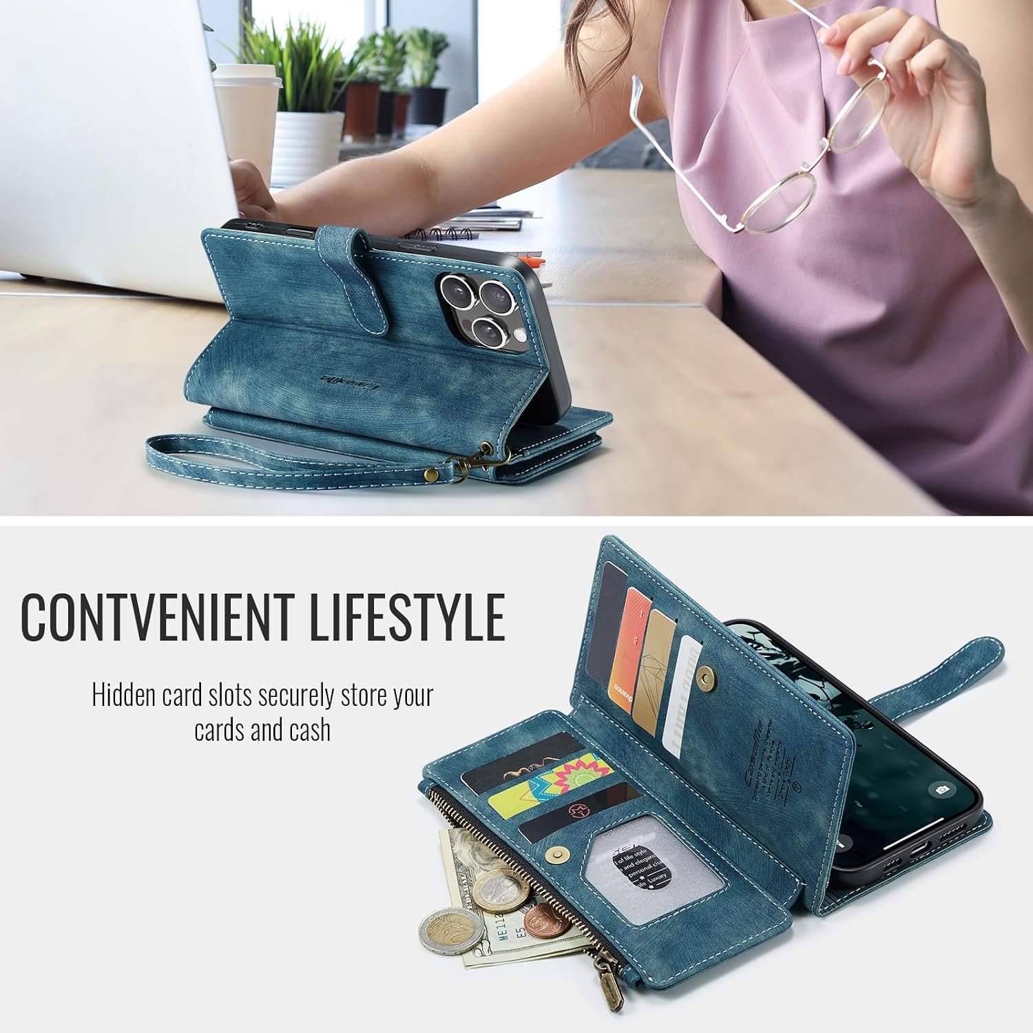 Wallet Case for iPhone 16 ProMax with Card Holder, Wrist Strap, Built-in Kickstand, PU Leather Magnetic Closure Zipper Pocket Case, TPU Shockproof Flip Case Blue