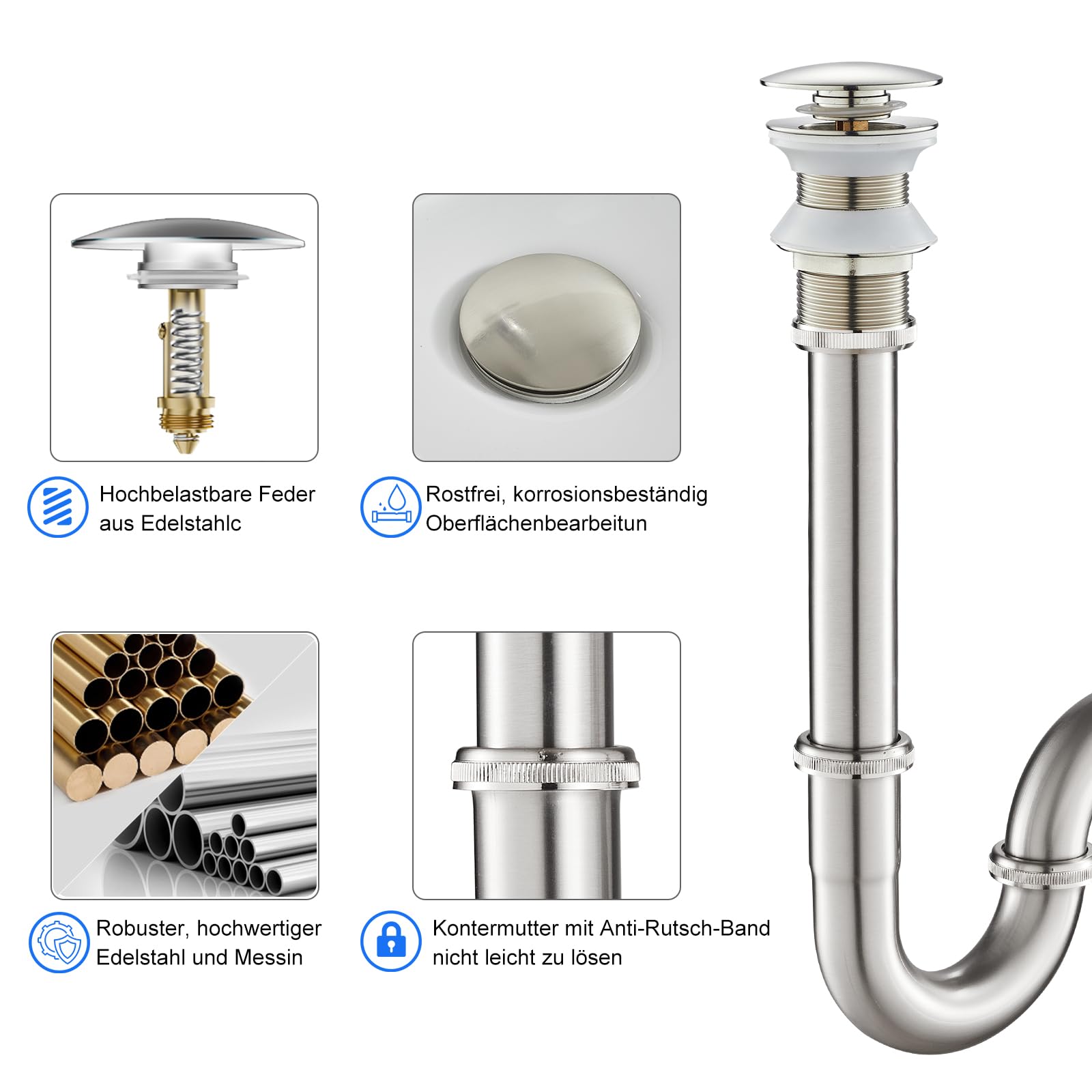SET - Design Siphon mit Ablaufgarnitur ohne Überlauf KEOKBON Siphon 1 1/4" x 32 mm Pop Up Ventil für Waschbecken und Waschtisch, Edelstahl Röhrensiphon Geruchsverschluss Gebürstetes Nickel