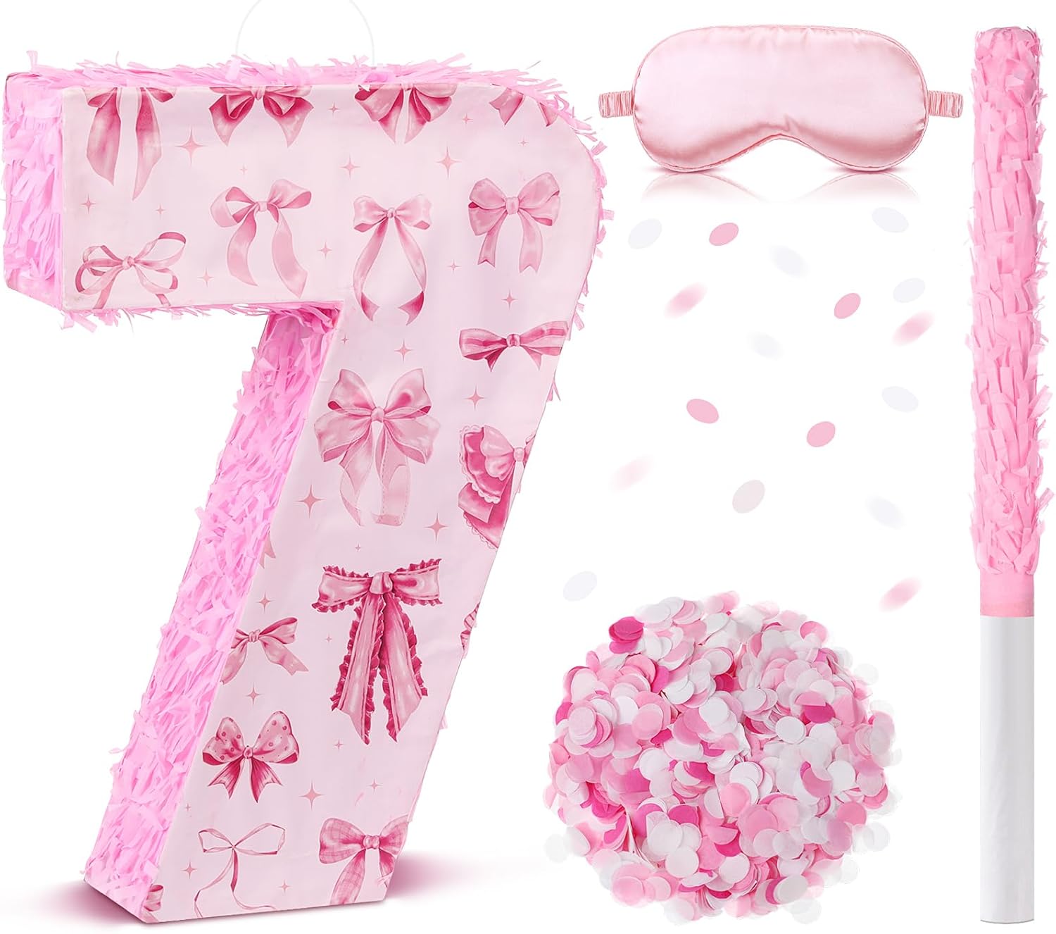 16 Inch Pink Bow Piñata Pink Bow Birthday Piñata Decorations with Blindfold Confetti and Stick for Sleepover Birthday Girls Coquette Theme Party Anniversary Celebration Supplies(Number 7)