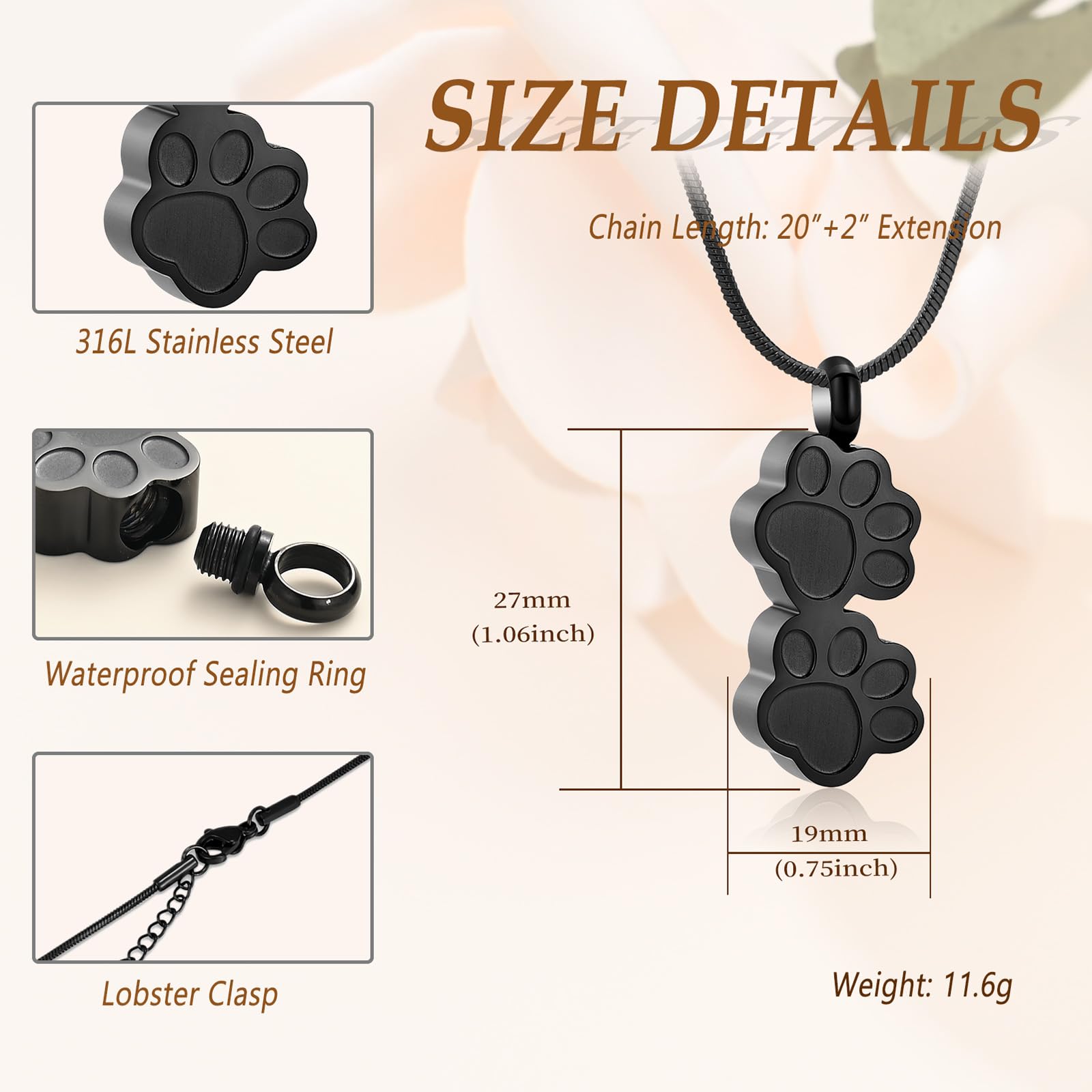 Pet Cremation Jewelry for Ashes Dog Memorial Locket Cremation Keepsake Urn Necklace for Pet Dog Cats (Black) - Image 2