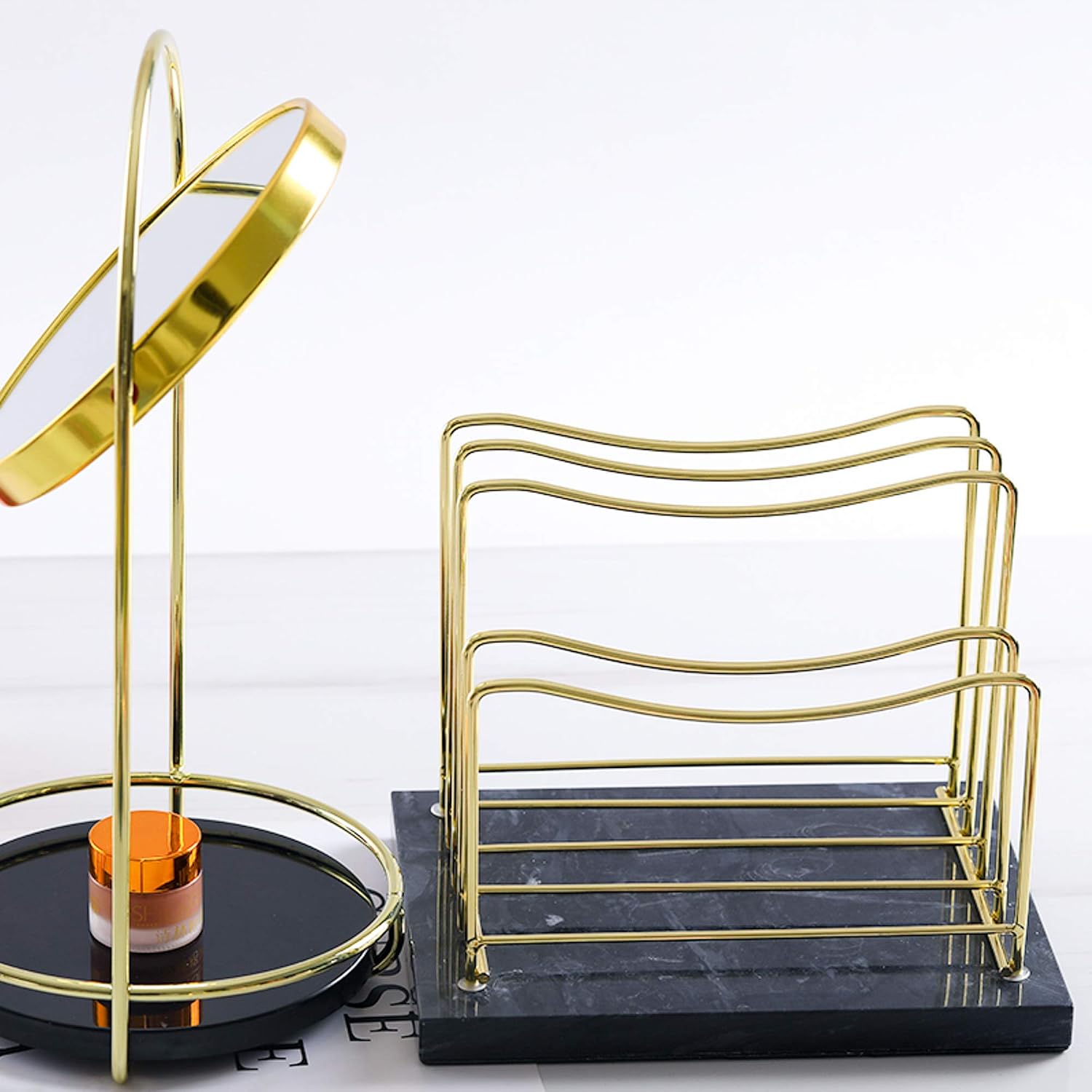 Real Marble File Holder - Desk Accessories - Modern Mail Organizer - Gold Mail Holder & Letter Tray (Black + Gold)
