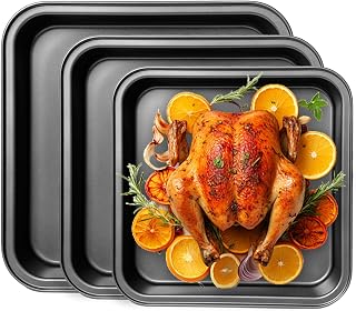 3 Pieces Baking Pan Baking Pan Stainless Steel Brownie Baking Pan Square Oven Pan Set Square Cake Pan Stainless Steel Baking Pan Baking Cups for Lasagne, Cookies, Bread (22.5cm, 25.5cm
