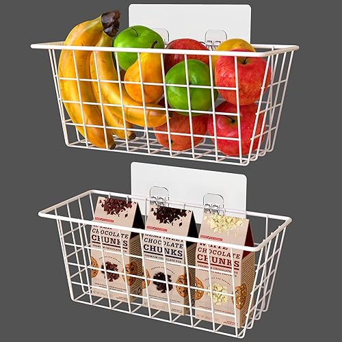 Miniatura 8 de MaraFansie Cestas de alambre para pared, sin perforación, canastas colgantes adhesivas montadas en la pared para organización de gabinetes y