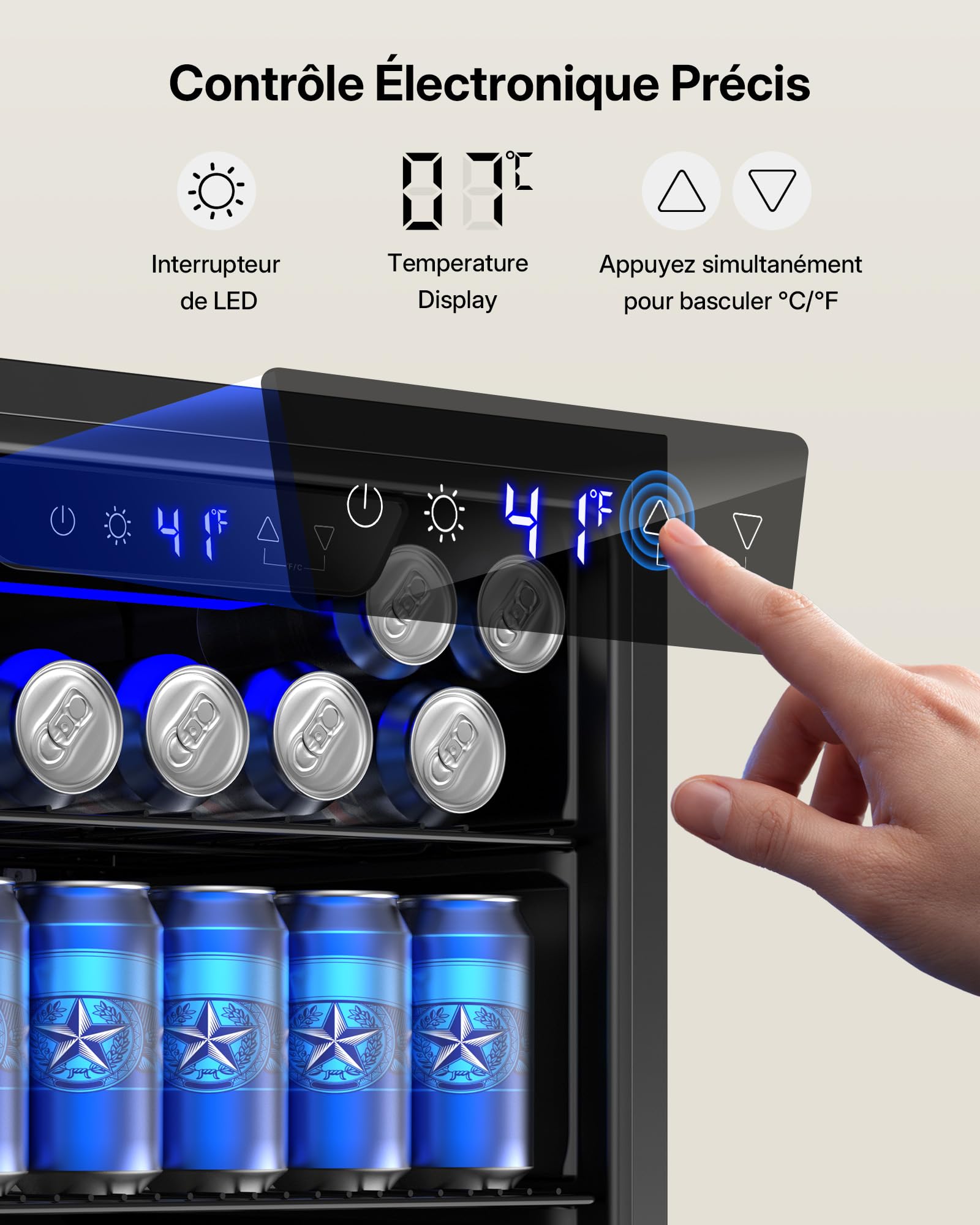Upstreman Réfrigérateur à Boissons 91  L Avec Porte Vitrée, Mini Frigo Pour 126 Canettes, LED Motif Football, Avec Étagères Amovibles pour Bière, Vin et Soda, Idéal pour Maison, Bar, Bureau