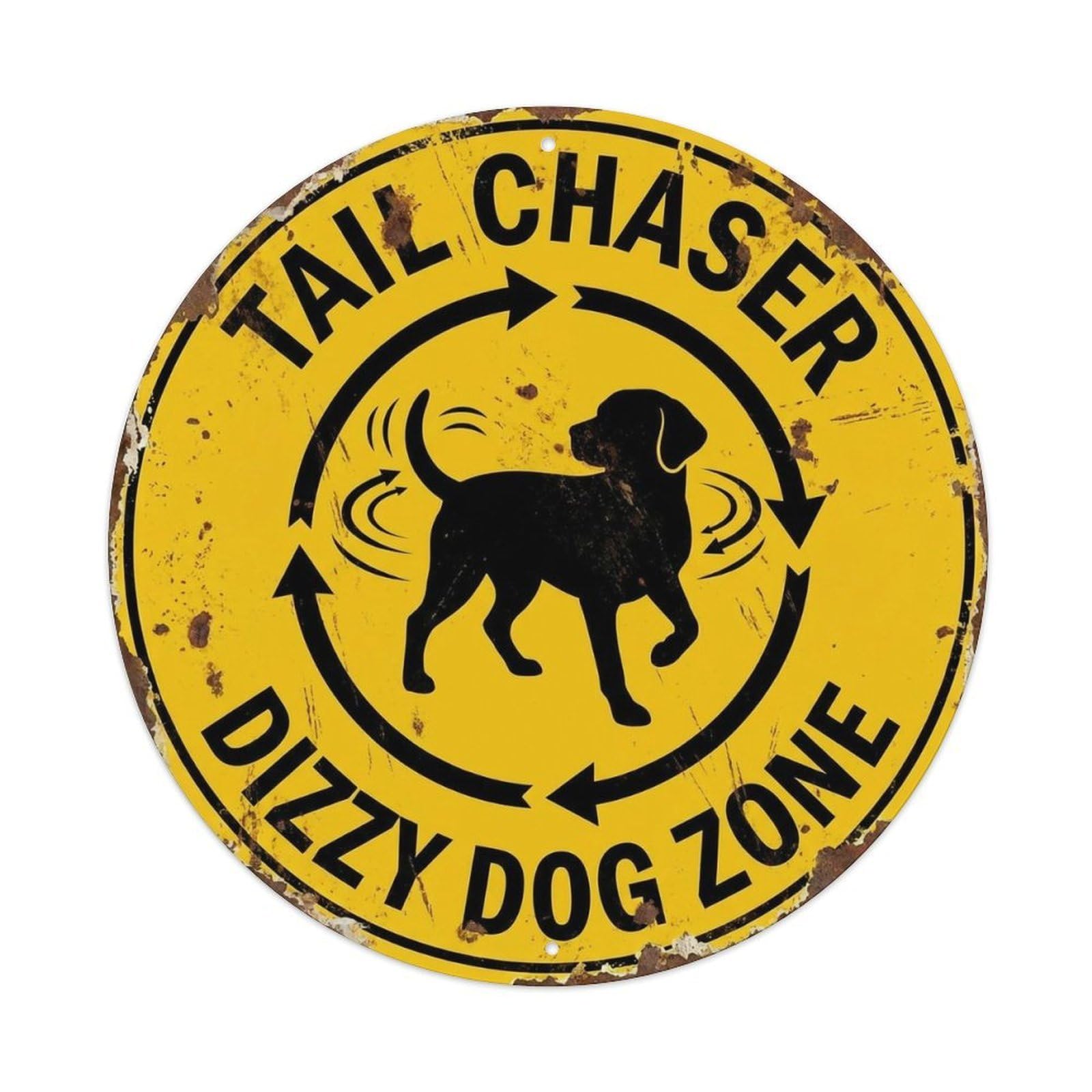 Dog Tail Chasing Zone Round Wall Hanging Metal Tin Sign