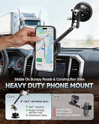 Semi Truck Phone Mount for Drivers, 360 Anti-Shake with Extension Rod