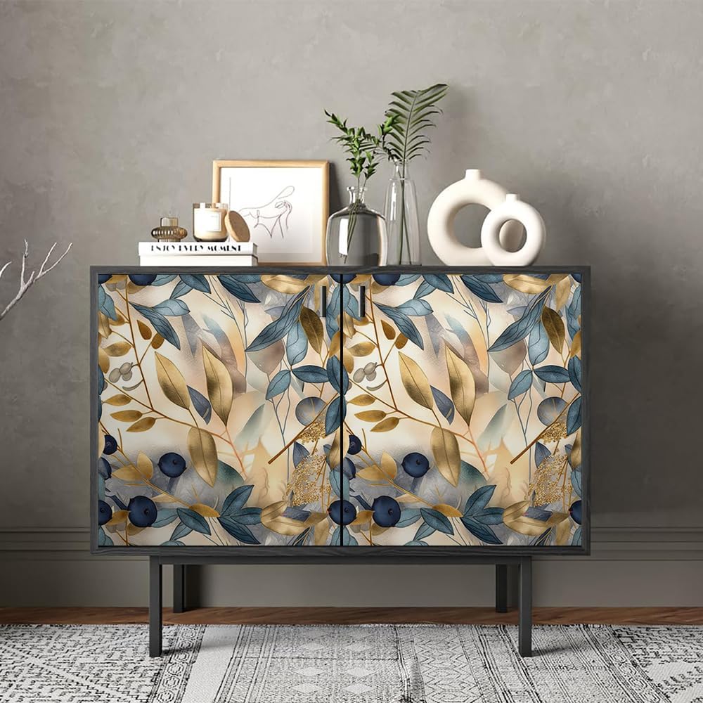 REDAMANCY Boho Modern Abstract Golden Leaves Floral Peel and Stick Wallpaper Vintage Wall Paper Stick on Contact Paper Easy Peel Off for nightstand Drawer Renter Friendly 17.7"x236"
