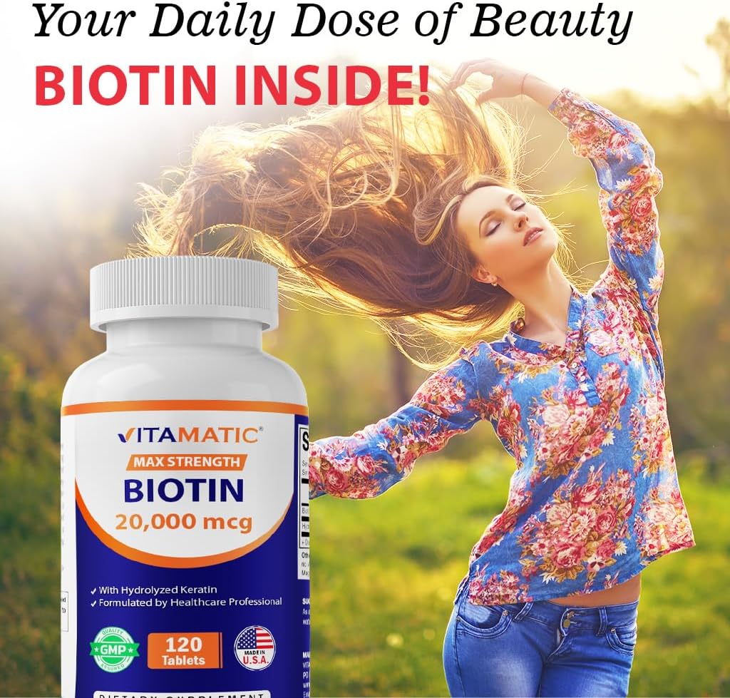 Vitamatic High Potency Biotin 20000 mcg (20mg) with Keratin 100mg - 120 Tablets - Biotin Supplements for Healthy Hair Skin & Nails for Adults (120 Count (Pack of 3))
