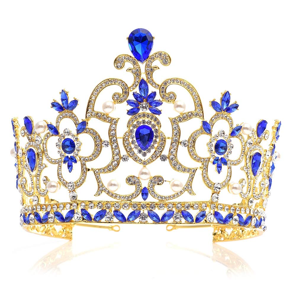 Blue tiara crown vintage bridal Dark Blue Gold Bridal Tiara, Halloween Quinceanera Crown  main image 4