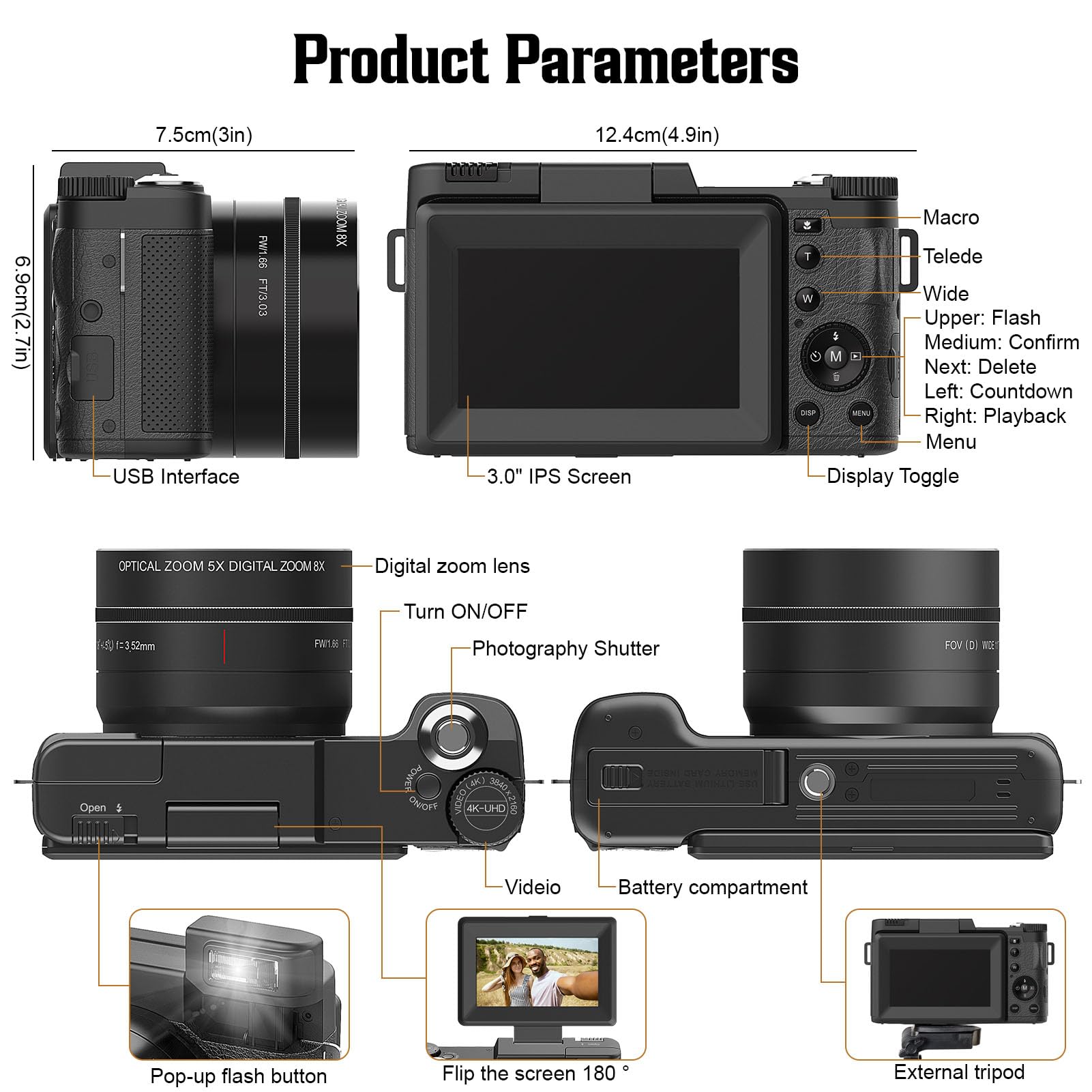 Fotocamera Digitale 4K per Fotografia, Fotocamera per Vlogging con Messa a Fuoco Automatica UHD da 48 MP con Schermo Ribaltabile a 180° da 3,0, Zoom Ottico 5X e Zoom Digitale