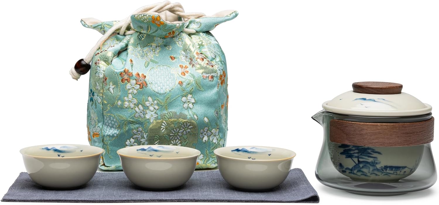 Exquisite Ceramic Travel Gaiwan Tea Set,Porcelain Infuser,Kungfu Tea Cups,Share Cup and Mat,Portable for Home Business Outdoor Hotel (Blue)