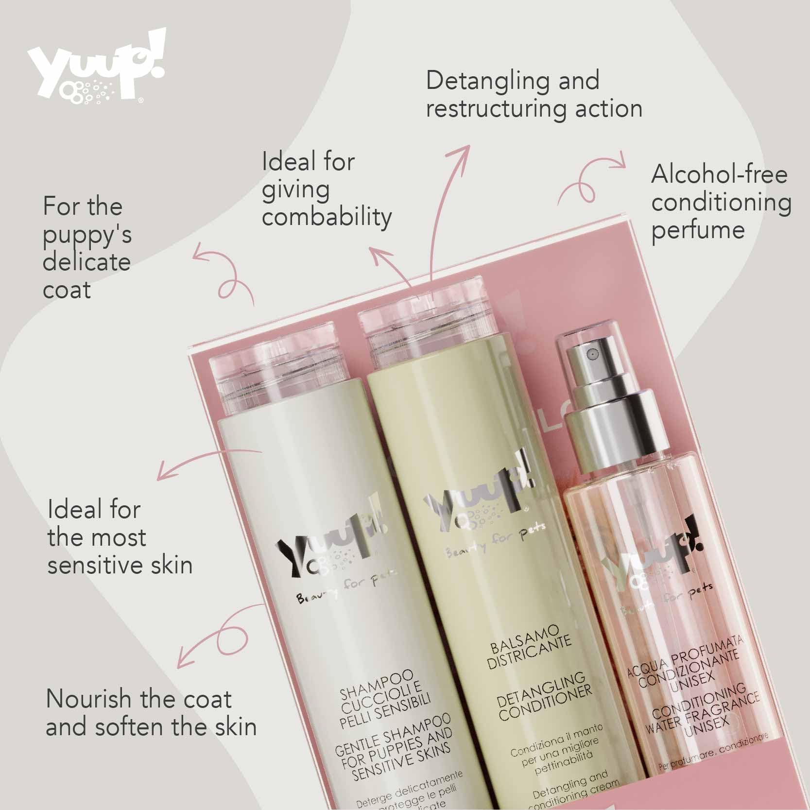 YUUP! – Kit Cachorro | Champú para Cachorros y Pieles sensibles, Acondicionador desenredante y Agua Perfumada, Ideal también para Gatos