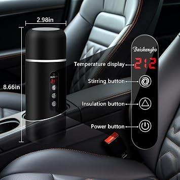 Car Kettle, 12V/24V Portable Electric Travel Kettle 420ML & 304 Stainless Steel Water Boiler with Built-in Magnetic Induction Stirring Temperature Adjustable Bottle Warmer for Tea Coffee Milk